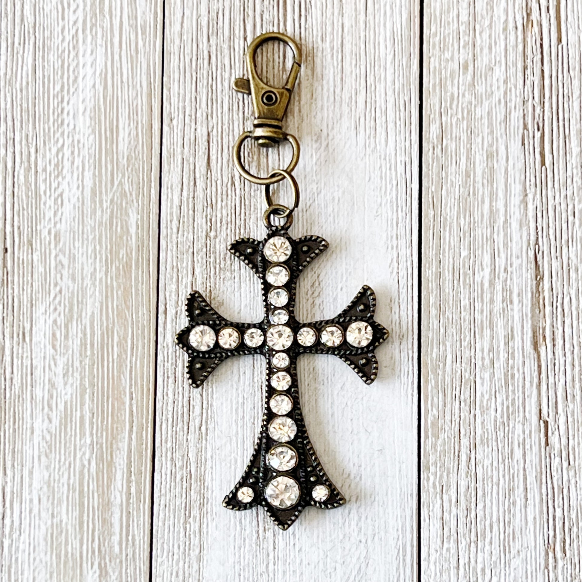 Ornate Brass Cross Rhinestone Western Zipper Handbag Keychain Charm - Stylish & Elegant Accessory