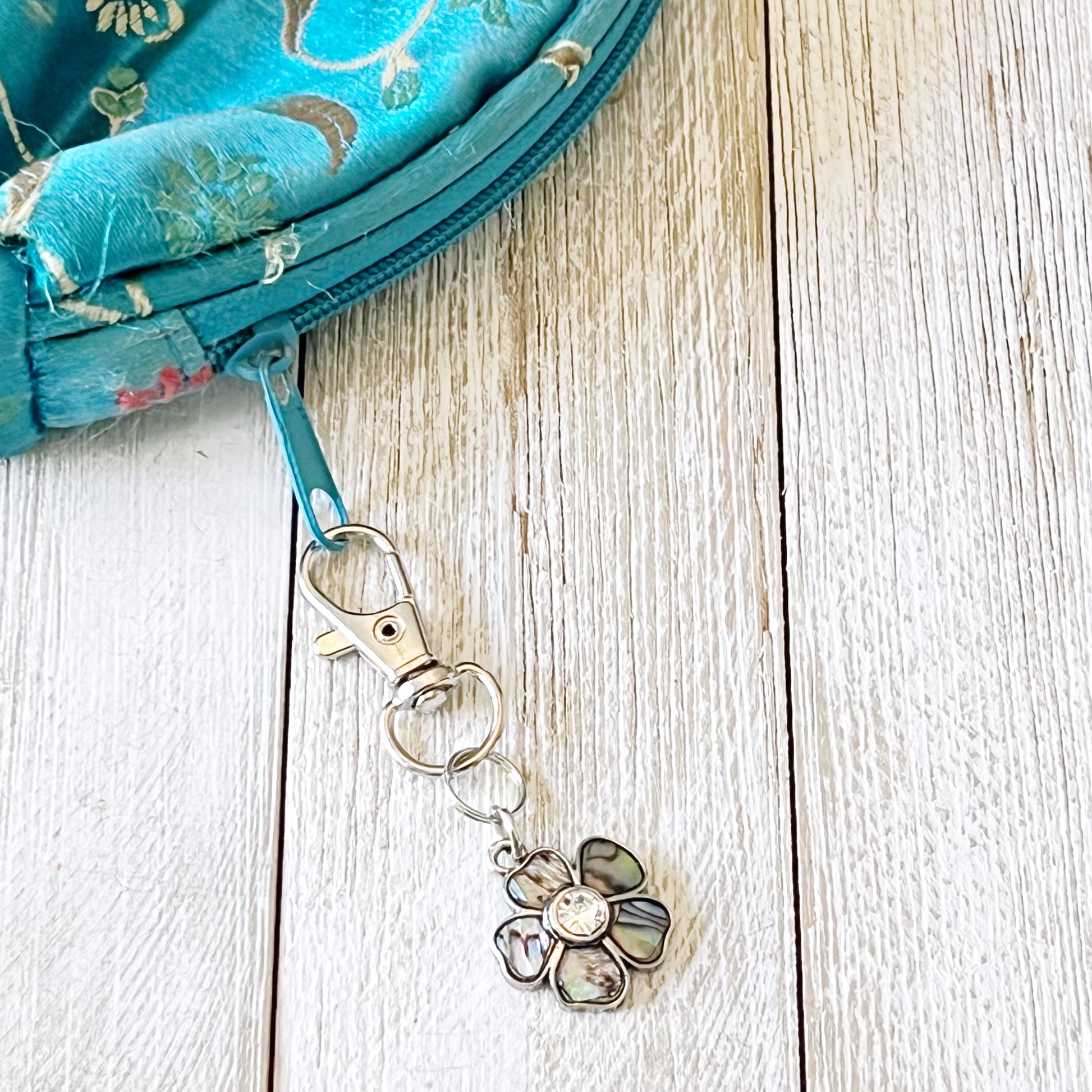 Flower and Leaf Zipper Pull Keychain Handbag Charm with Inlaid Abalone Shells