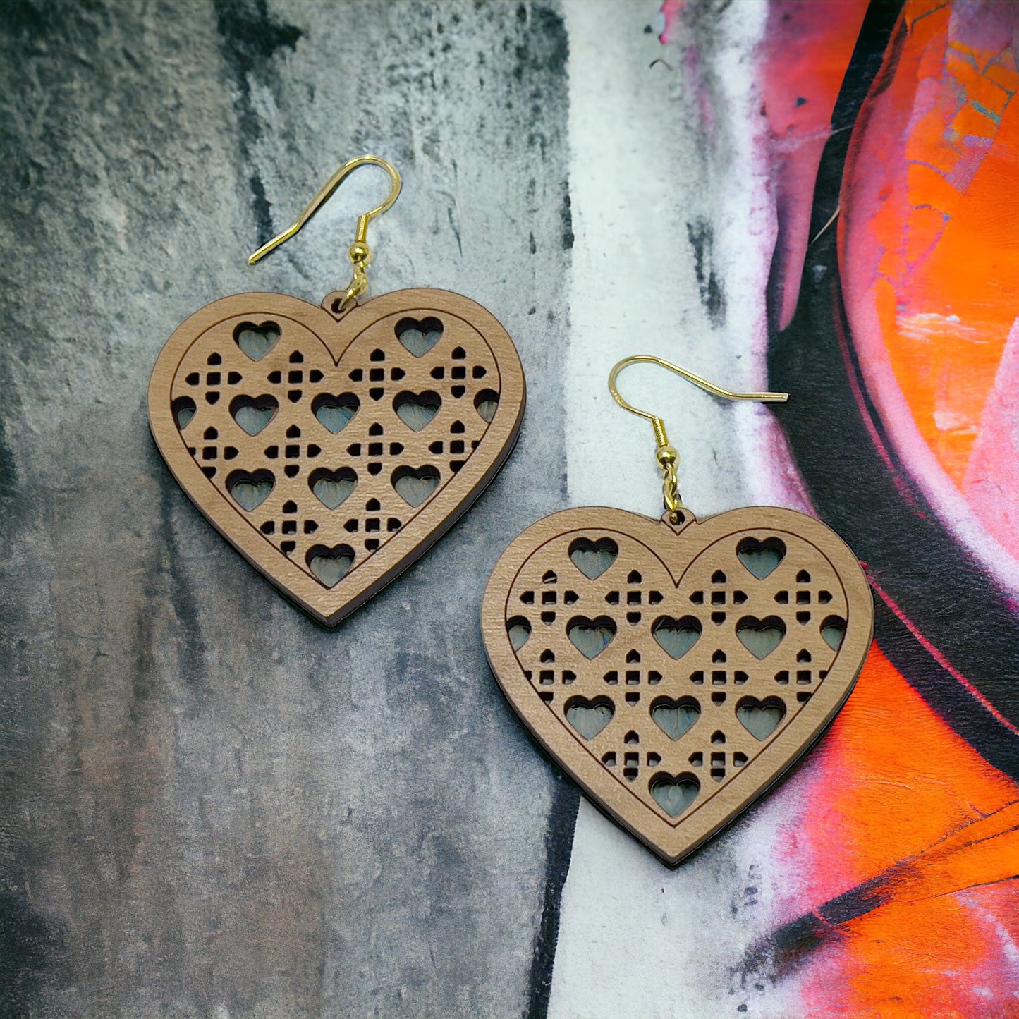 Wood Heart Earrings, Rustic Valentines Dangle Earrings, Cute Holiday Earrings, Wooden Lattice Cutout Earrings, Country Western Boho Jewelry