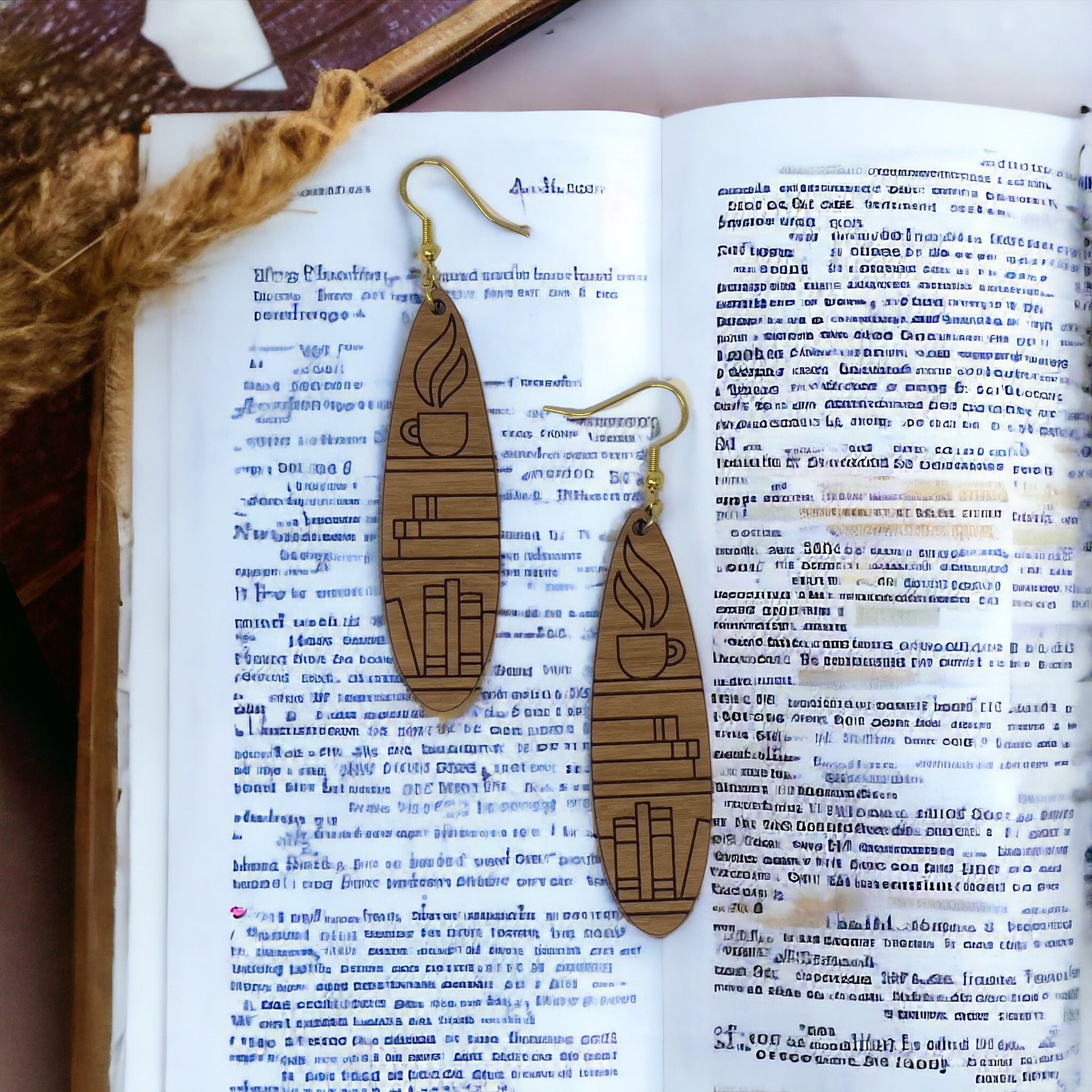 Bookshelf Wood Dangle Earrings - Cute Book Lover Gift | Boho Women's Miniature Bookcase Jewelry