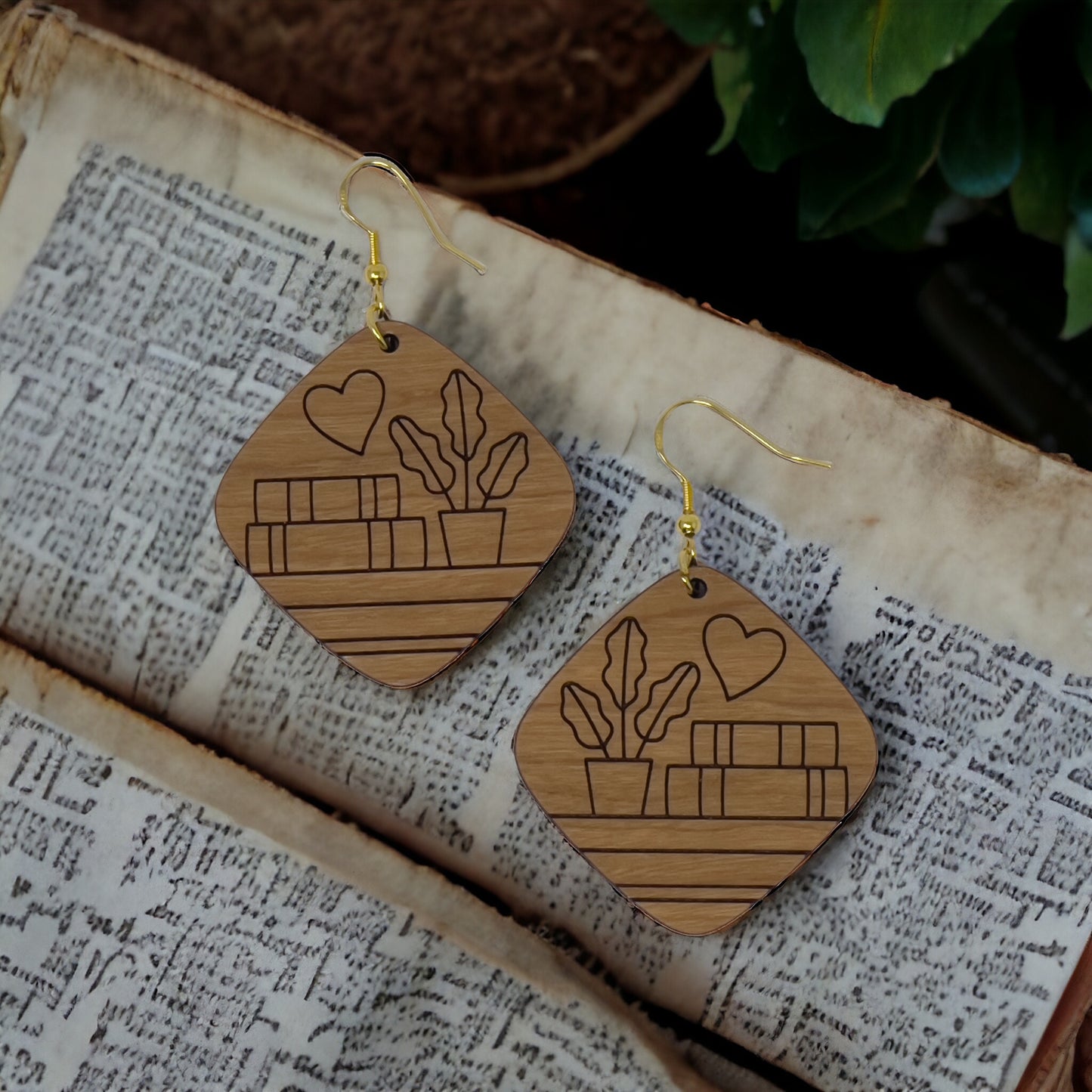 Bookshelf Wood Dangle Earrings - Cute Book Lover Gift | Boho Women's Miniature Bookcase Jewelry