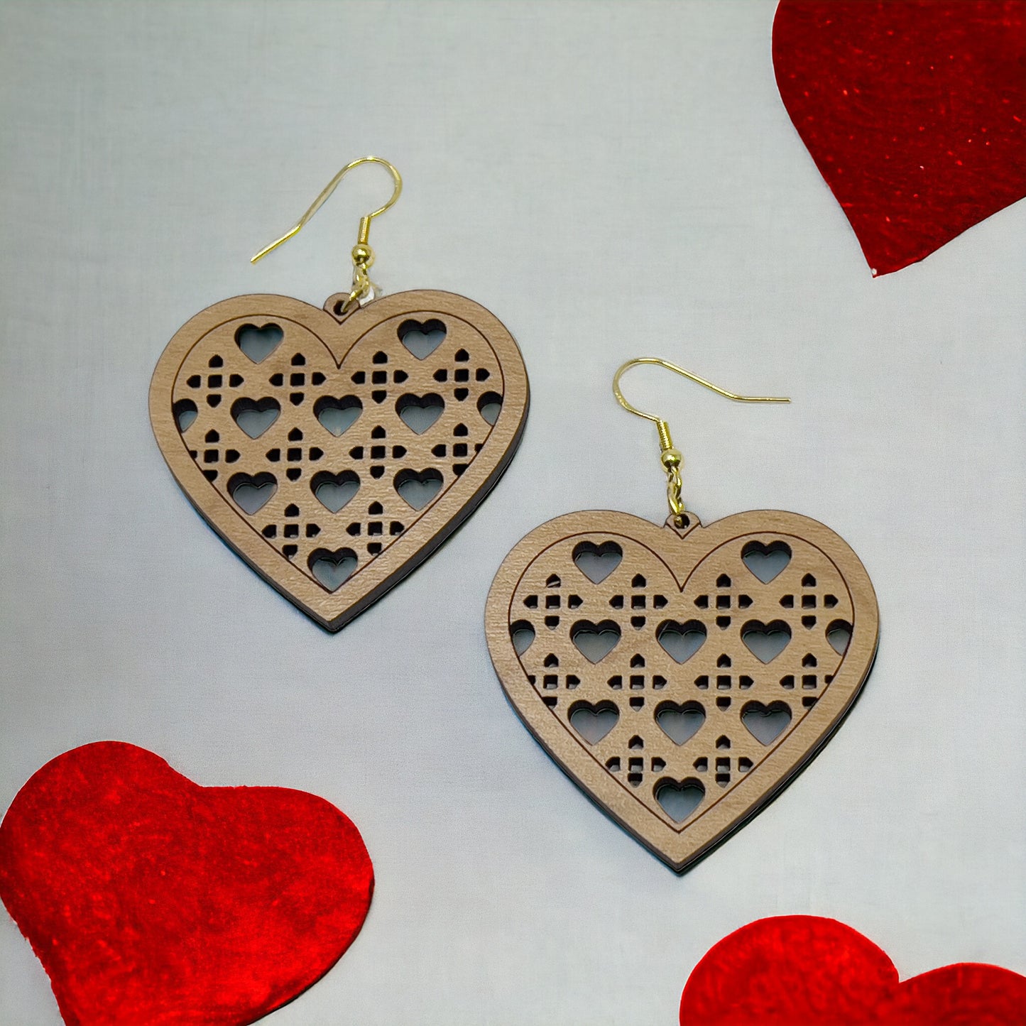 Wood Heart Earrings, Rustic Valentines Dangle Earrings, Cute Holiday Earrings, Wooden Lattice Cutout Earrings, Country Western Boho Jewelry