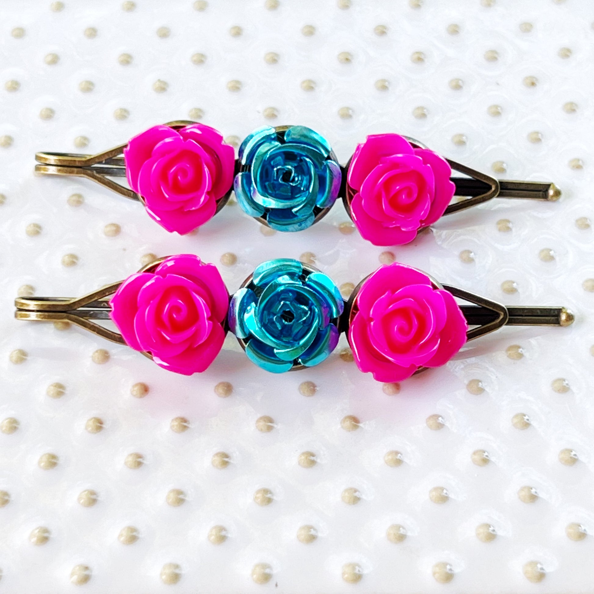 Pink & Blue Rose Floral Hair Pins - Delicate & Romantic Hair Accessories