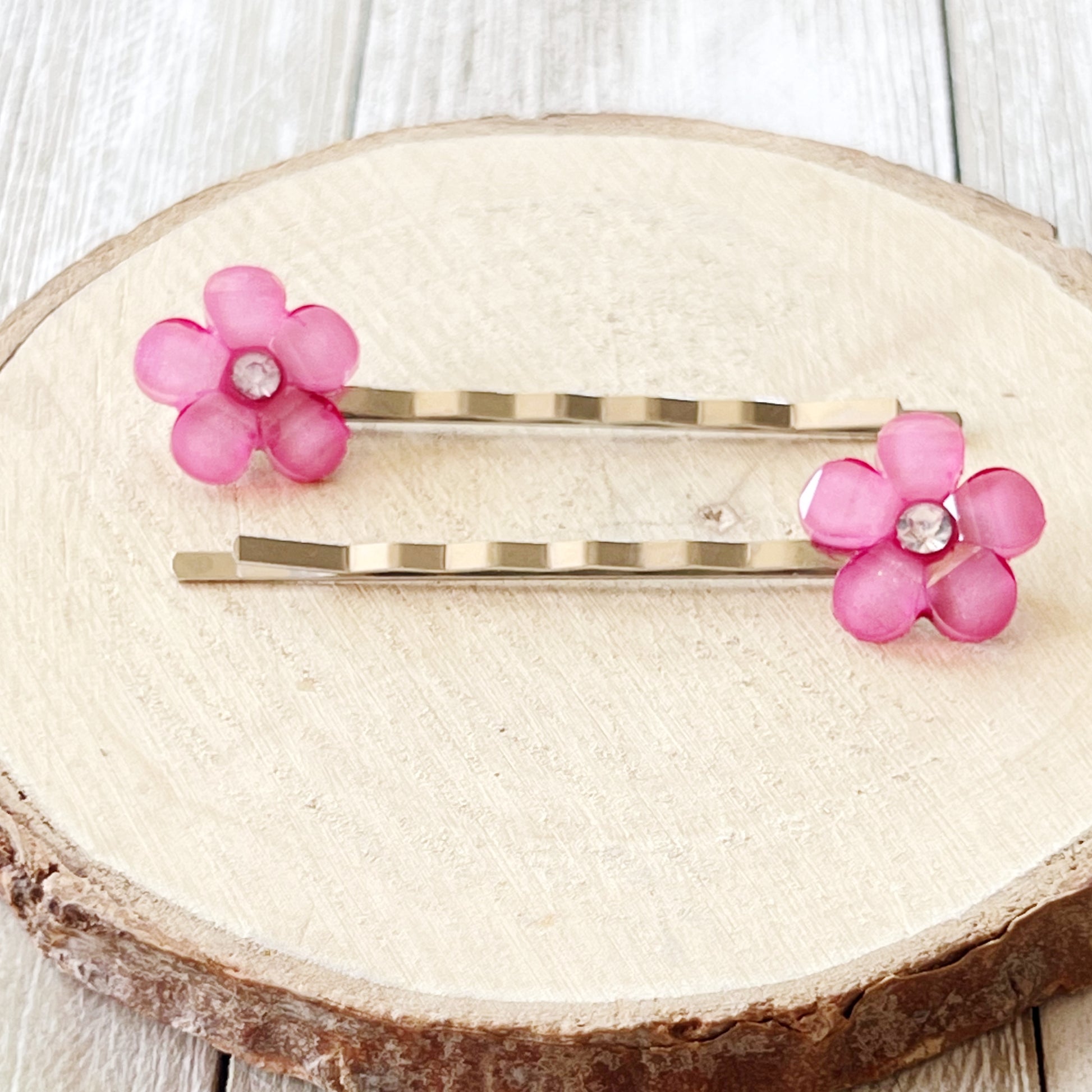 Pink Flower Hair Pins, Pink Bobby Pins, Womens Hair Pins, Floral Bobby Pins, Decorative Hair Pins, Rhinestone Hair Pins, Boho Hair Pins