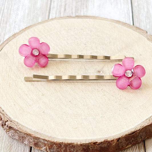 Pink Flower Hair Pins, Pink Bobby Pins, Womens Hair Pins, Floral Bobby Pins, Decorative Hair Pins, Rhinestone Hair Pins, Boho Hair Pins