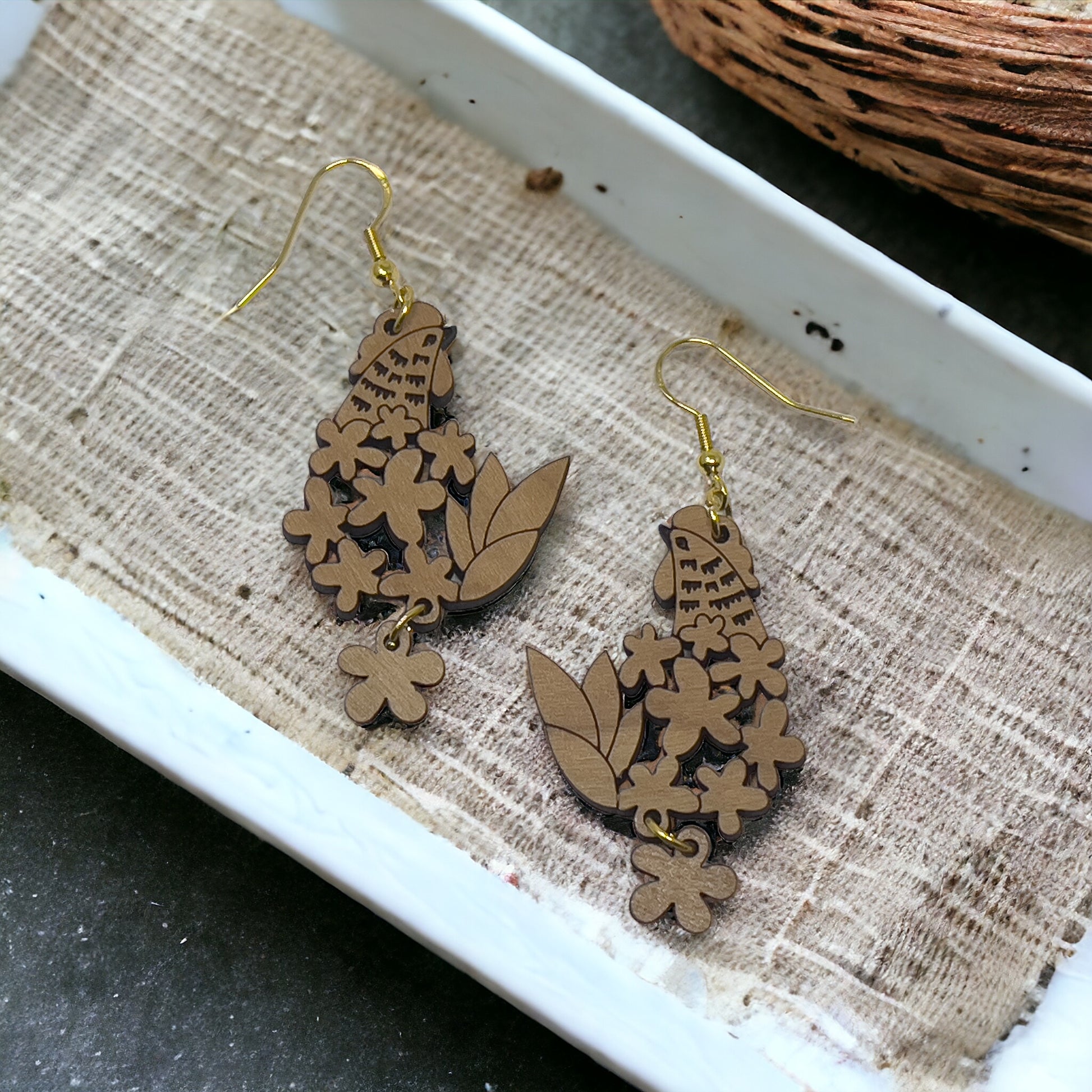 Chic Chick & Floral Wood Earrings: Handmade Rustic Jewelry for Nature Lovers