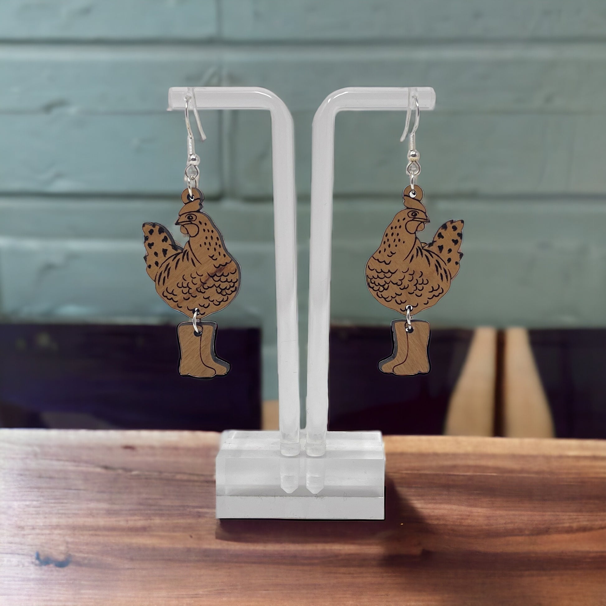 Chic Chicken in Boots Wood Earrings: Handmade Rustic Jewelry for Animal Lovers