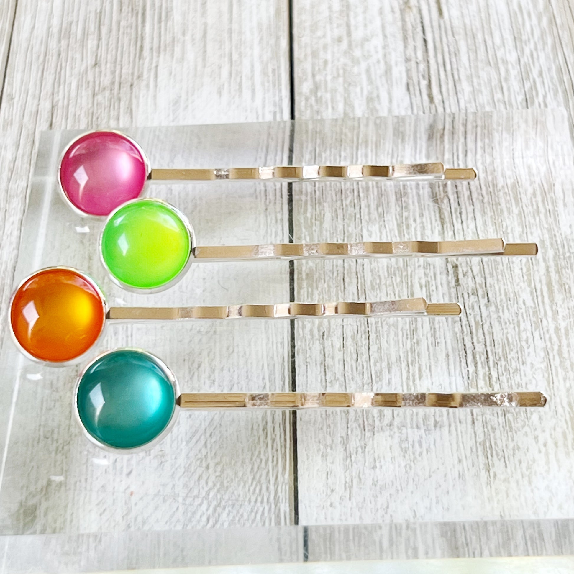 Hot Pink, Neon Green, Aqua Blue, & Orange Round Hair Pins - Vibrant Set of 4 Accessories