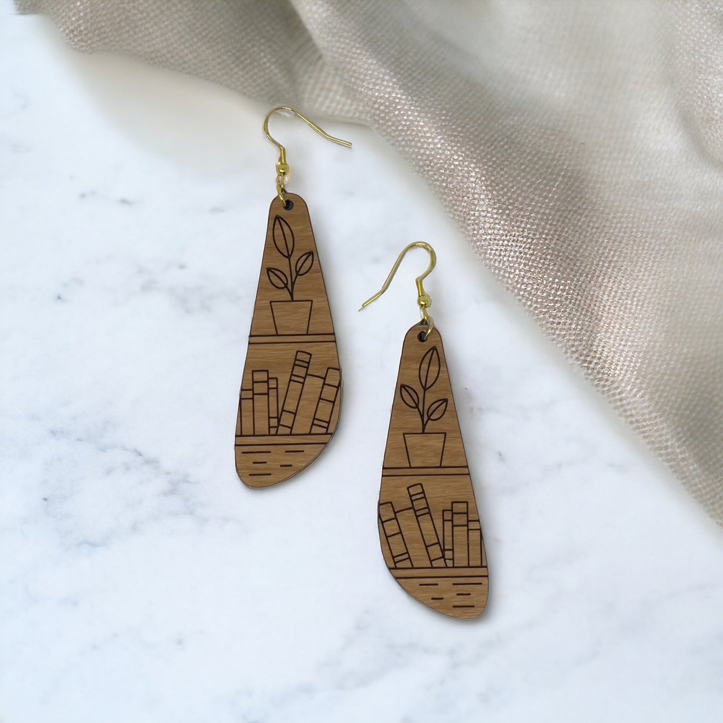 Bookshelf Wood Dangle Earrings - Cute Book Lover Gift | Boho Women's Miniature Bookcase Jewelry