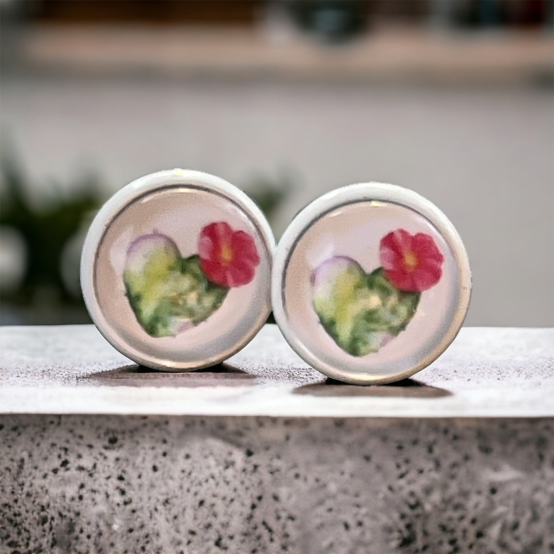 Flowering Cactus Heart Valentine Succulent White Stud Earrings