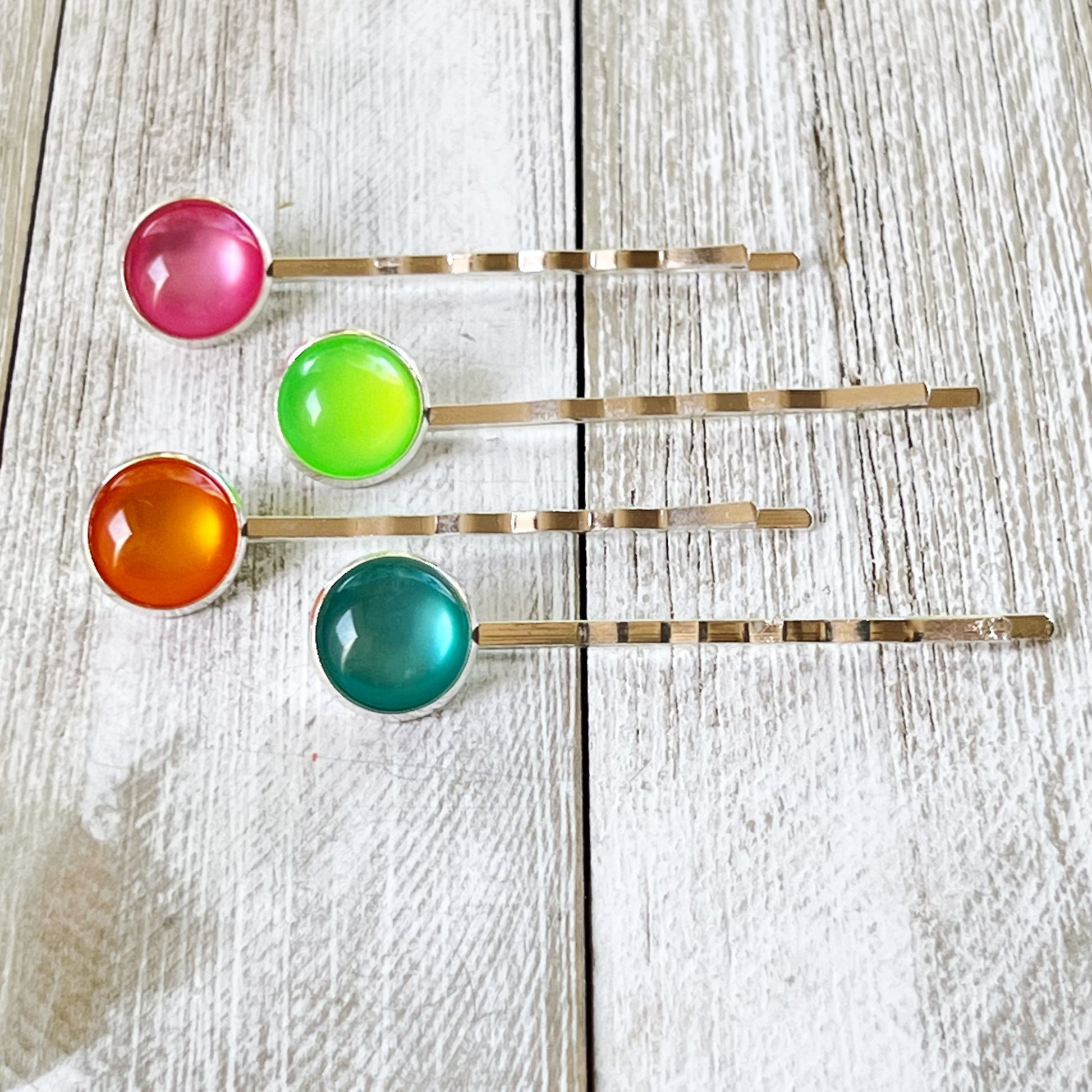 Hot Pink, Neon Green, Aqua Blue, & Orange Round Hair Pins - Vibrant Set of 4 Accessories