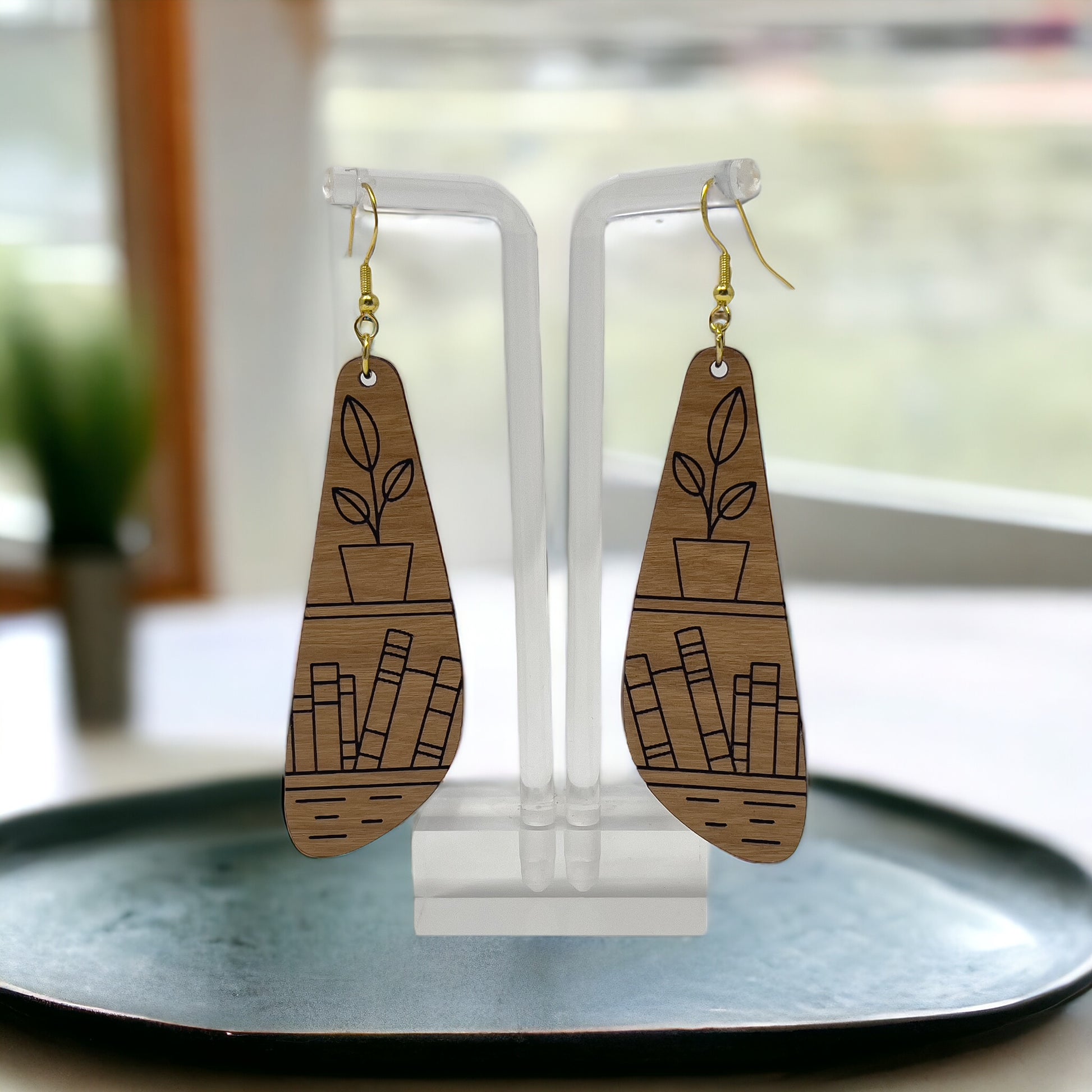 Bookshelf Wood Dangle Earrings - Cute Book Lover Gift | Boho Women's Miniature Bookcase Jewelry