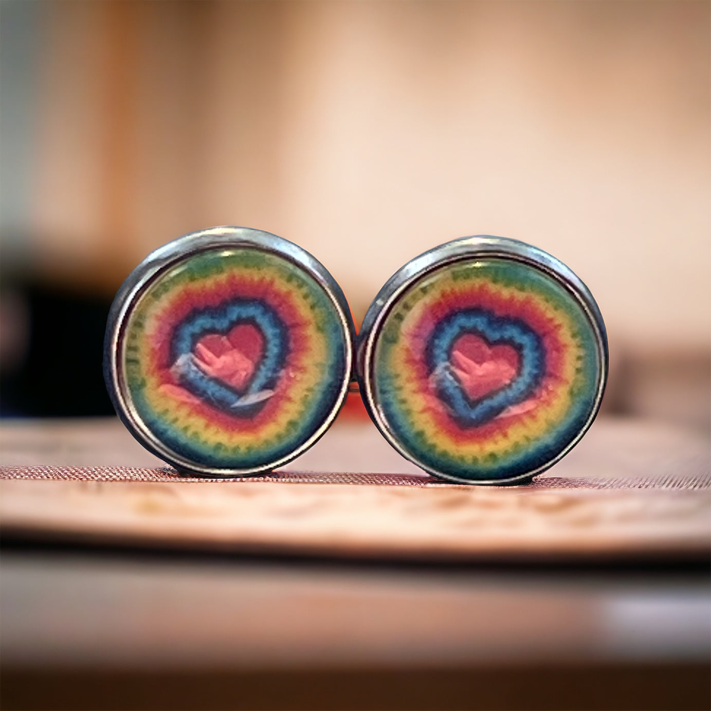 Tie-Dye Heart Silver Stud Earrings: Boho Hippie Chic for Vibrant Style