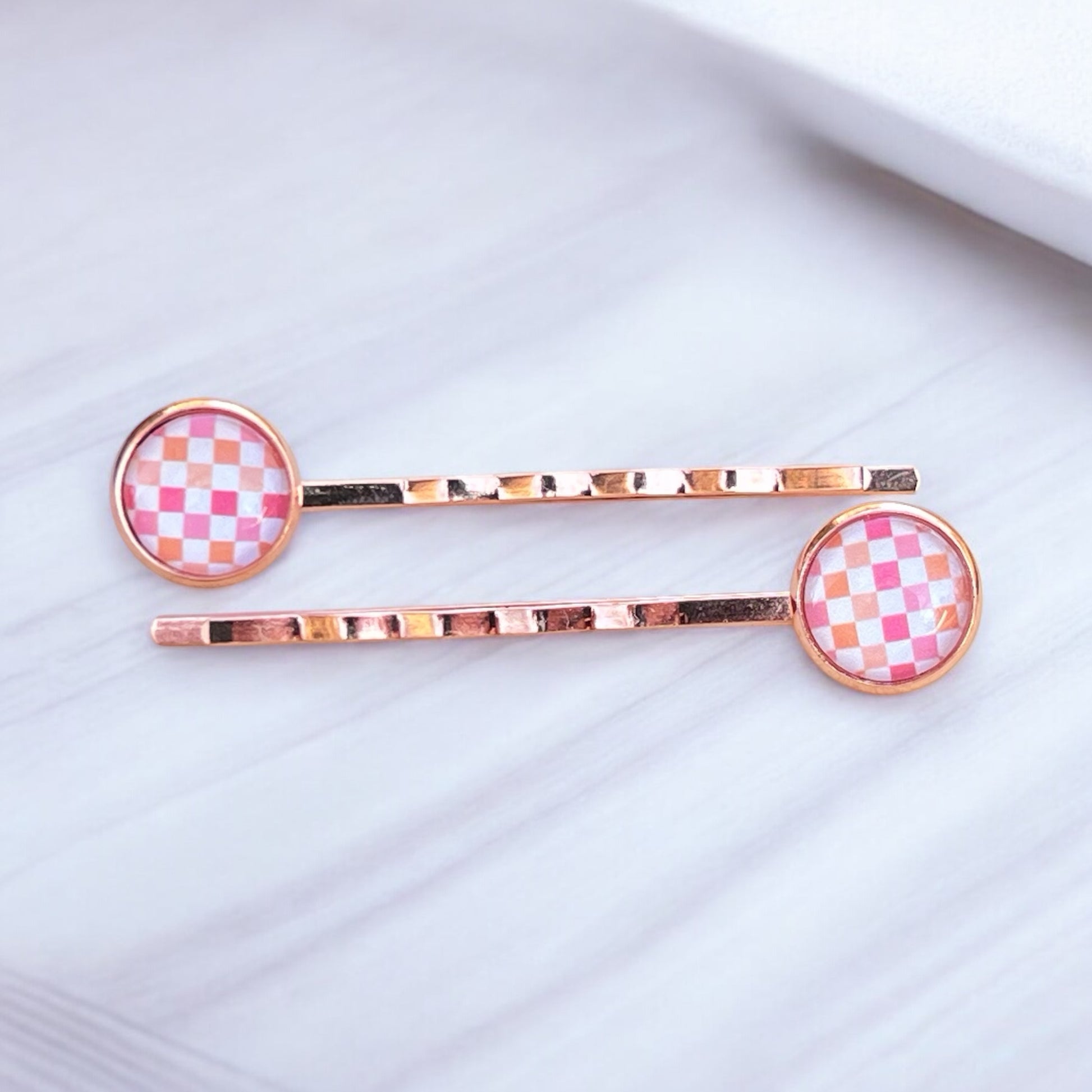 Pink & Orange Gingham Rose Gold Bobby Pins