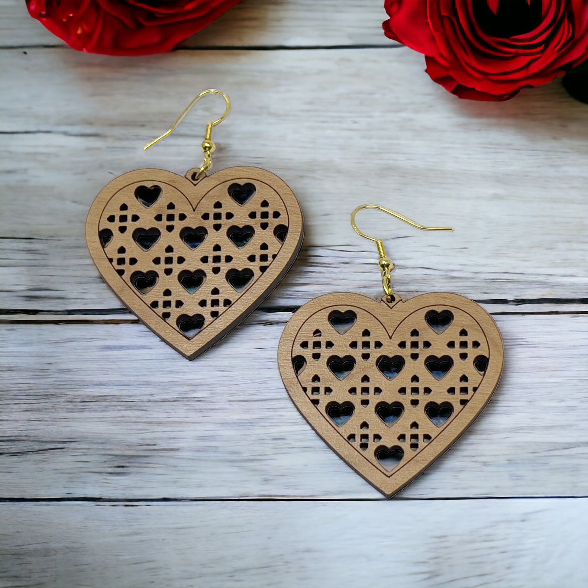 Wood Heart Earrings, Rustic Valentines Dangle Earrings, Cute Holiday Earrings, Wooden Lattice Cutout Earrings, Country Western Boho Jewelry