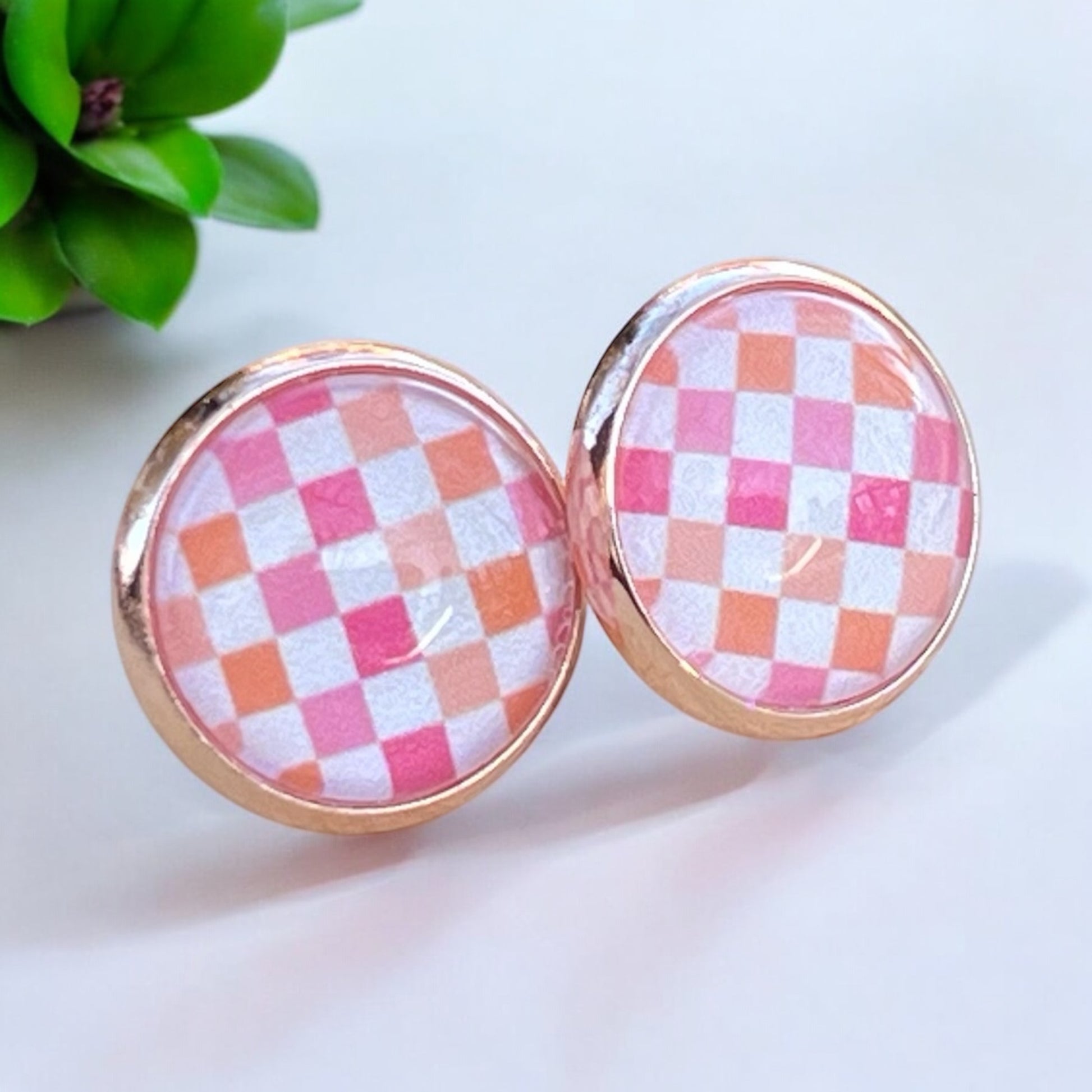 Pink & Orange Gingham Earrings - Rose Gold