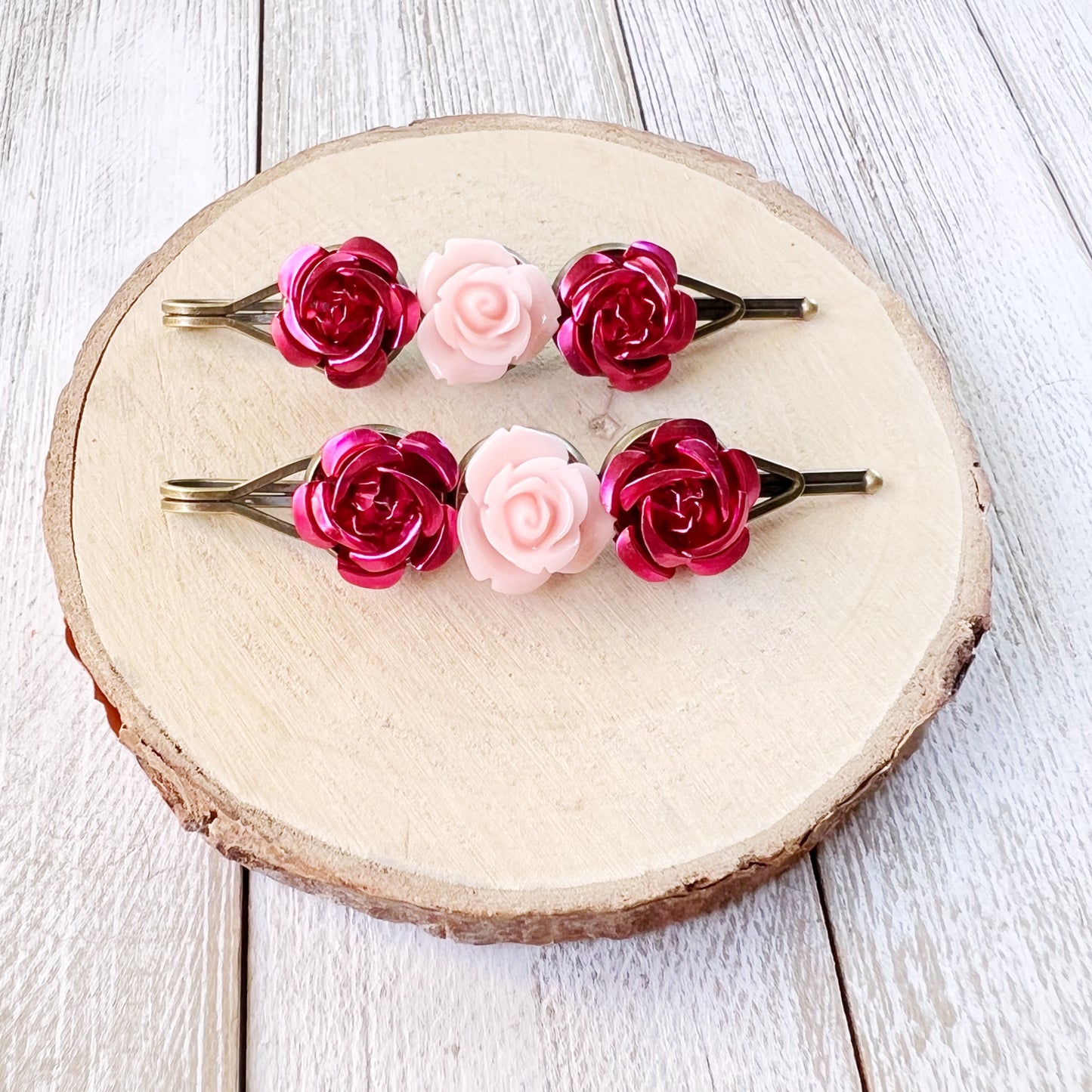 Pink Rose Flower Hair Pins