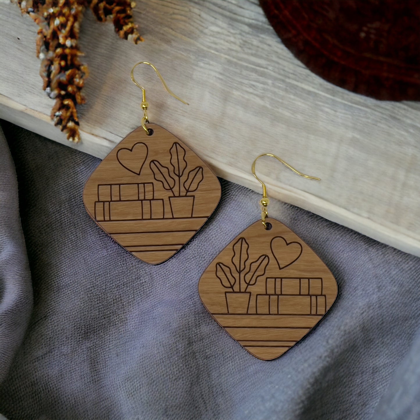 Bookshelf Wood Dangle Earrings - Cute Book Lover Gift | Boho Women's Miniature Bookcase Jewelry