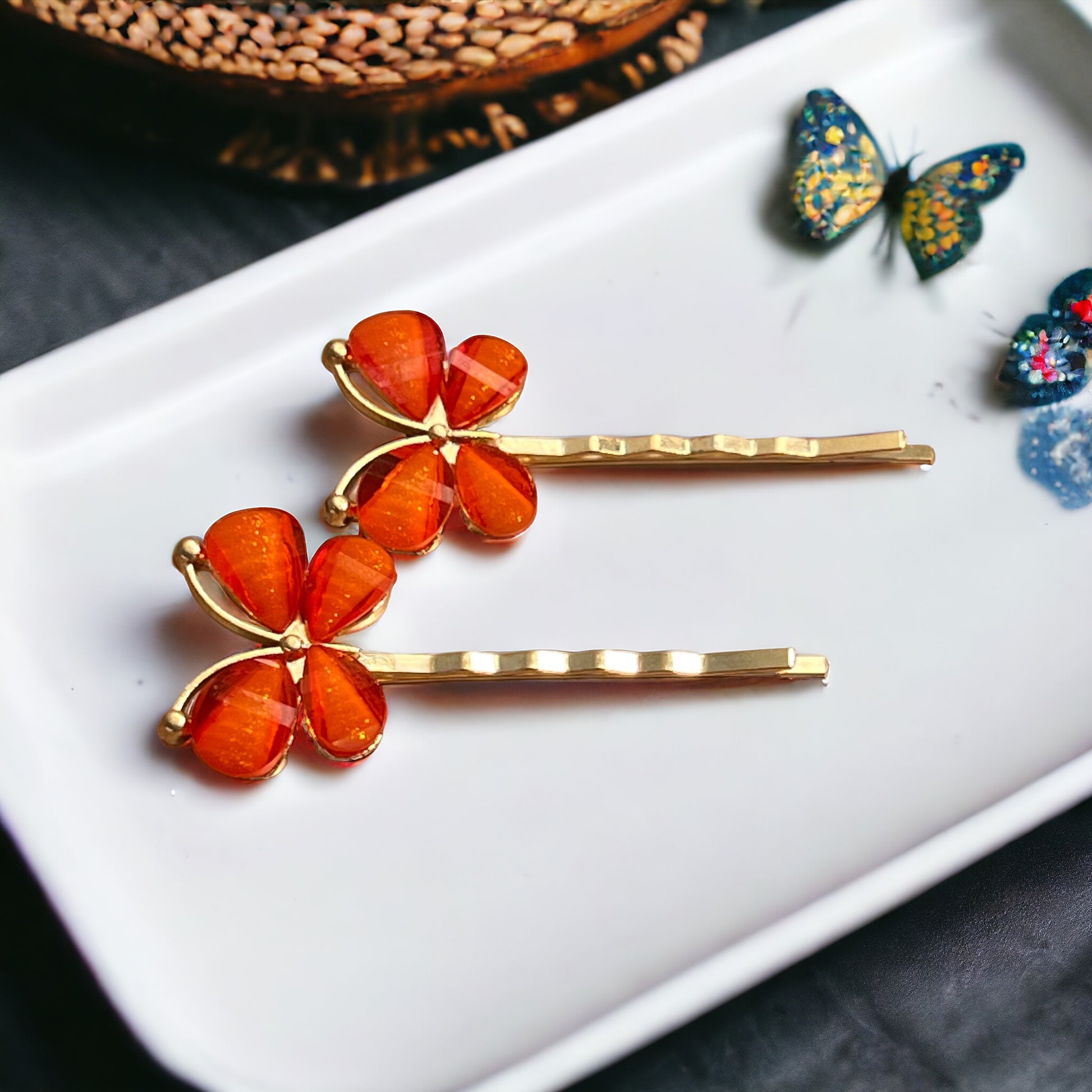 Orange Rhinestone Butterfly Hair Pins - Elegant & Vibrant Hair Accessories