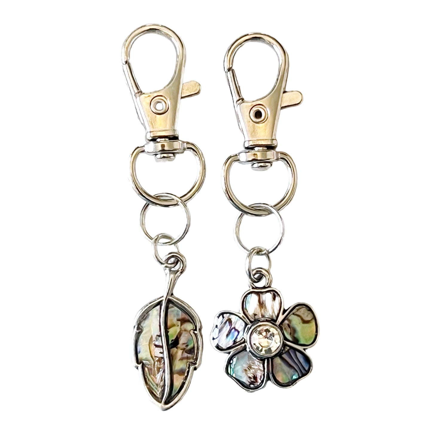 Flower and Leaf Zipper Pull Keychain Handbag Charm with Inlaid Abalone Shells