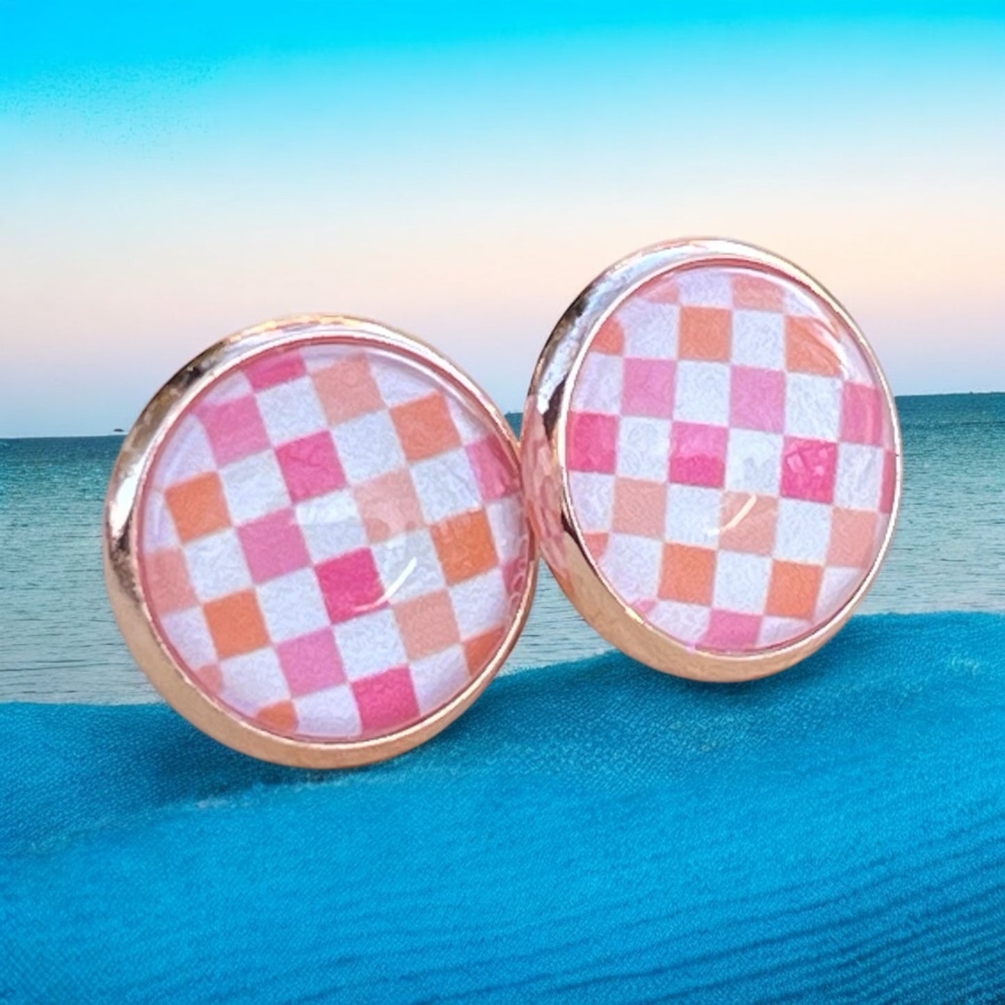 Pink & Orange Gingham Earrings - Rose Gold