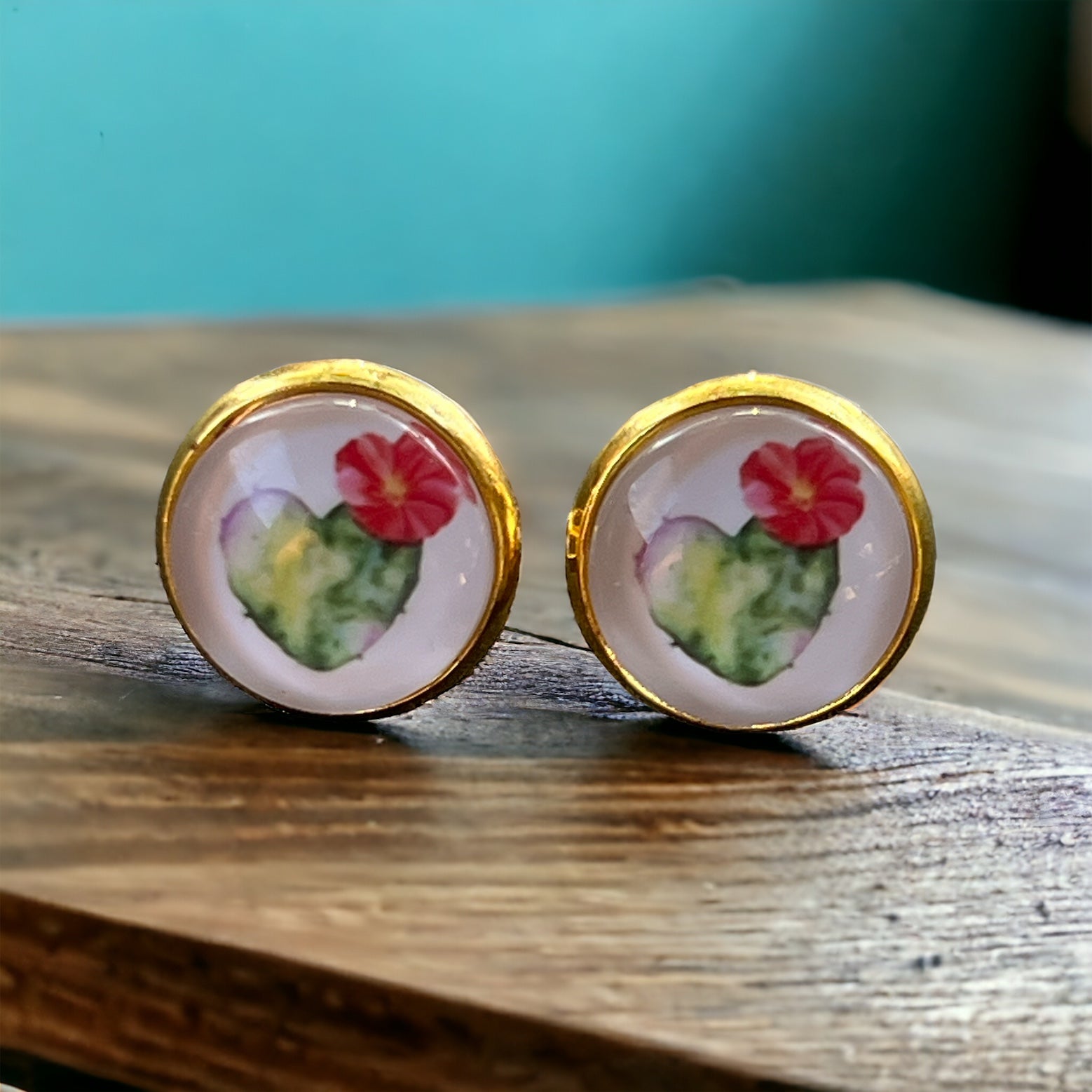 Flowering Cactus Heart Valentine Succulent Gold Stud Earrings