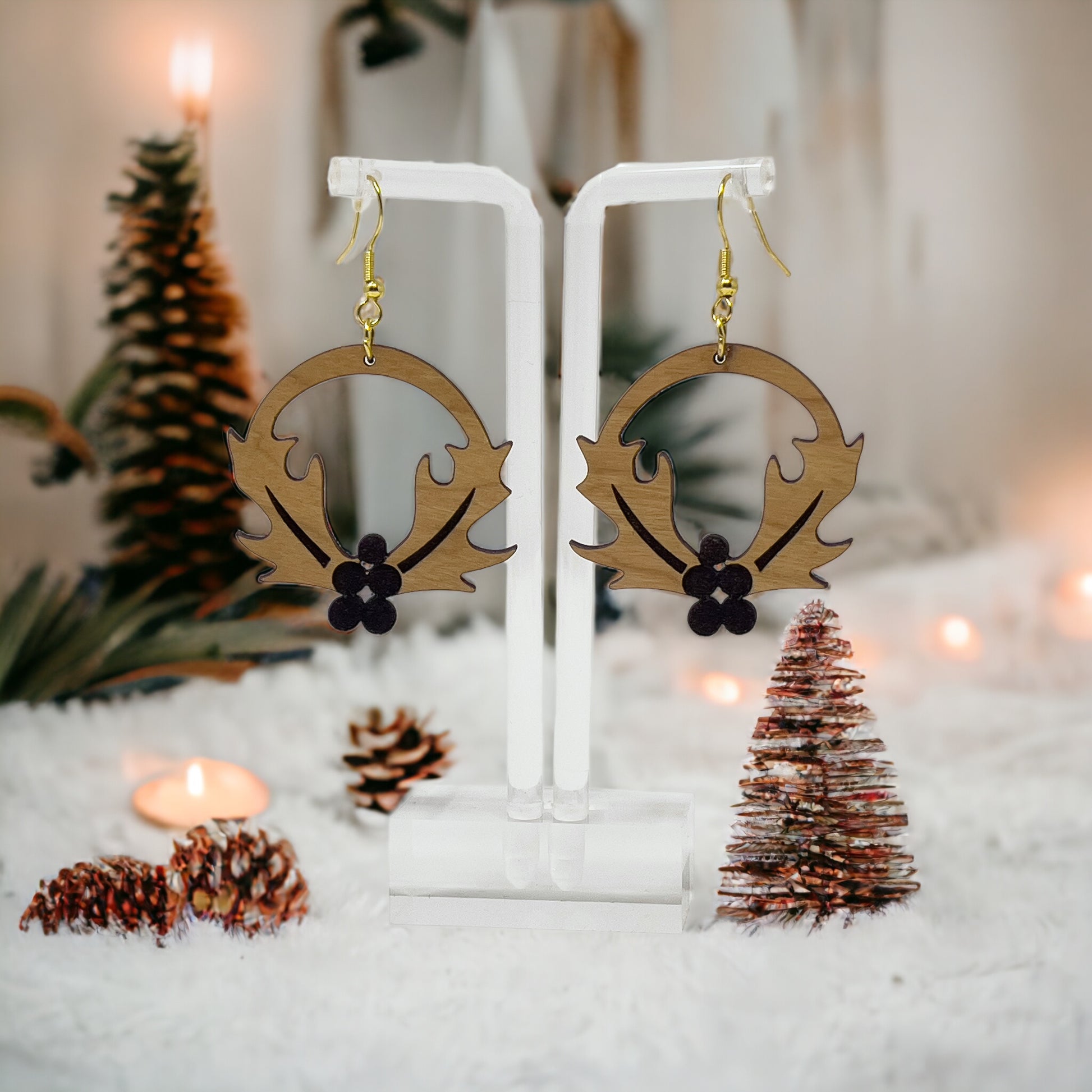 Holly Earrings, Christmas Mistletoe Dangle Earrings, Cute Holiday Earrings, Wood Plant Earring, Country Xmas Jewelry, Rustic Nature Gift Set