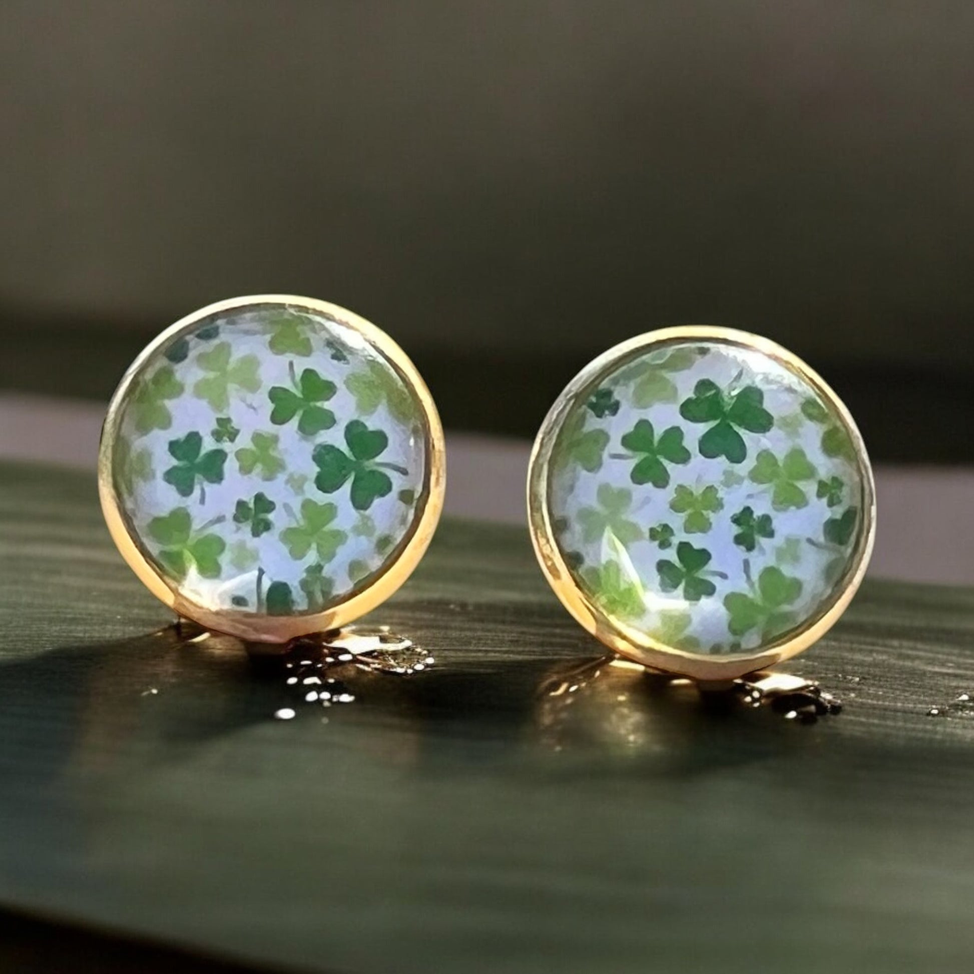 Gold Stud Earrings: Lucky Shamrock Clover Design for St. Patrick's Day Charm