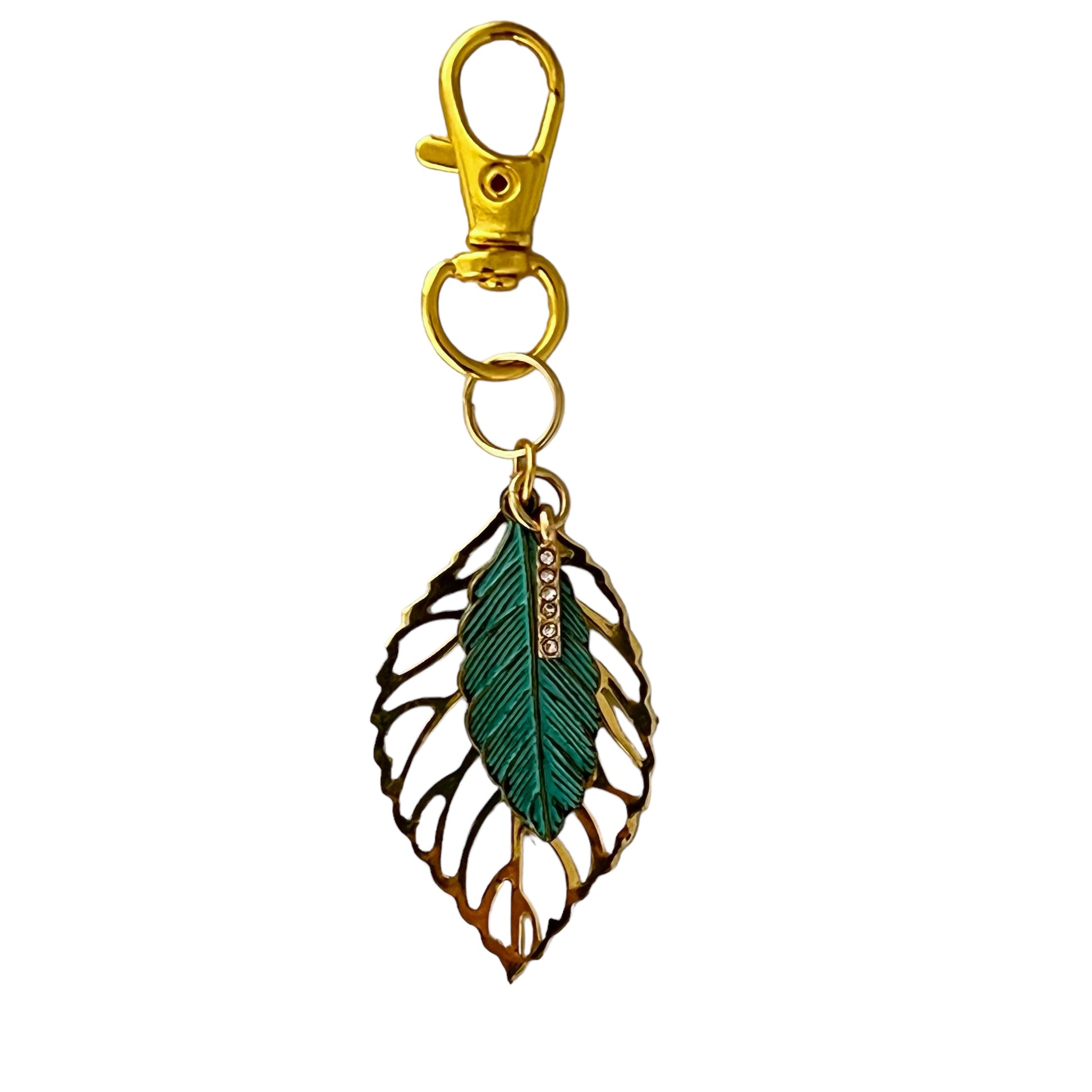 Leaf Zipper Pull Keychain Charm with Rhinestones