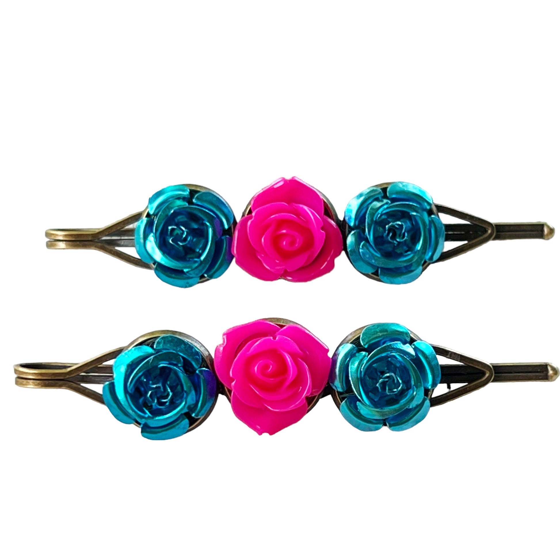 Blue & Pink Rose Floral Hair Pins - Delicate & Romantic Hair Accessories