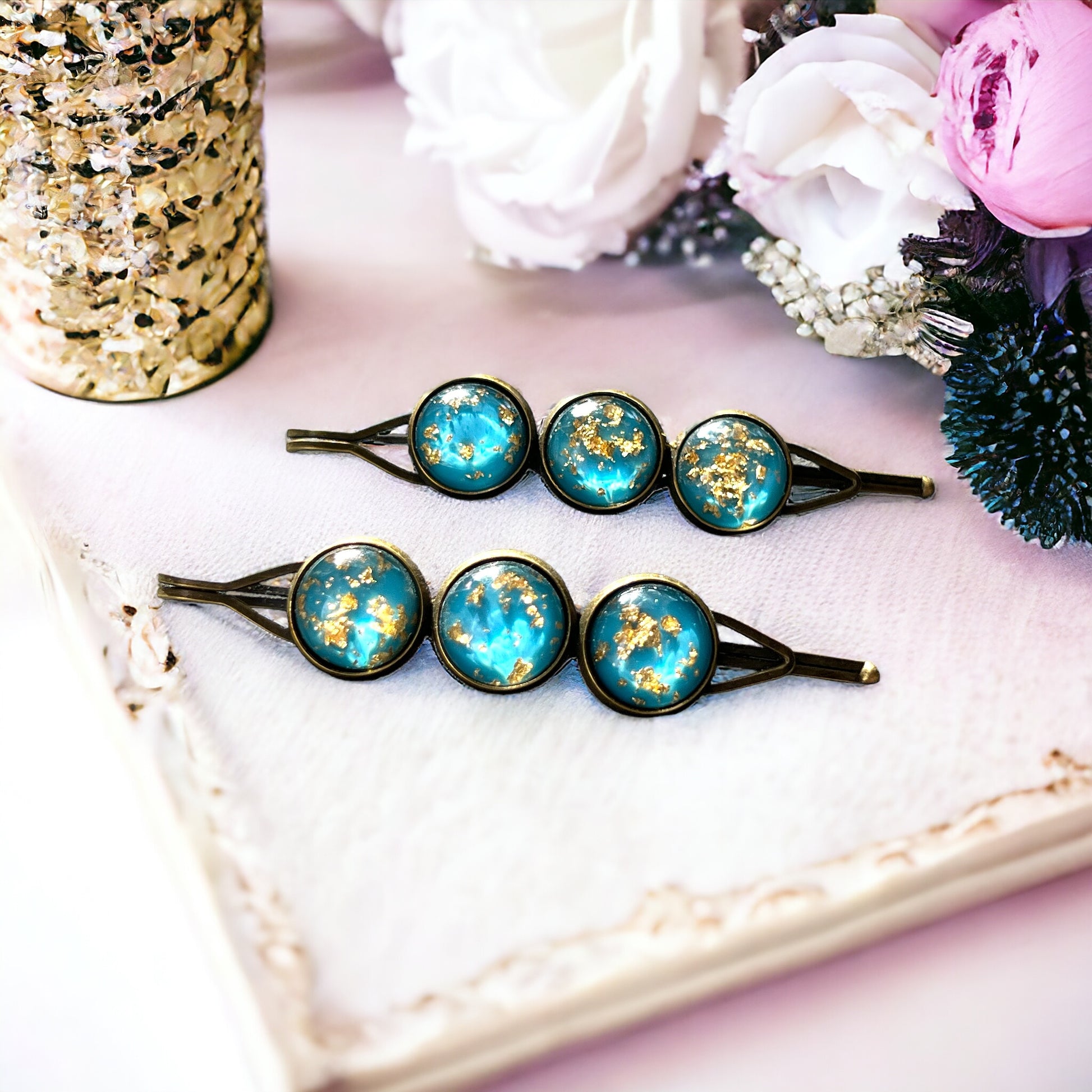 Turquoise Blue Gold Flake Glitter Hair Pins: Sparkling Accessories for Glamorous Styles