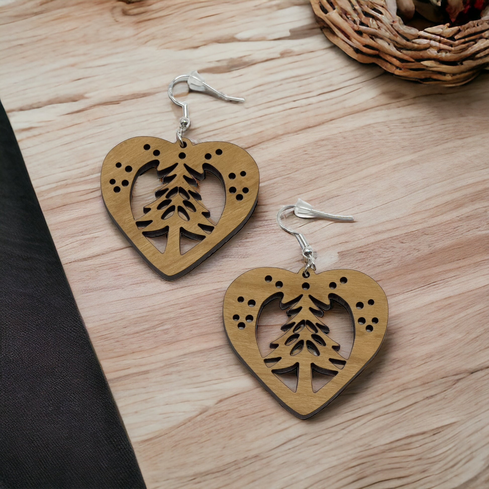 Wooden Heart - Rustic Dangle Earring with Pine Tree Design, Cute Winter Holiday Accessory, Nature-Inspired Jewelry