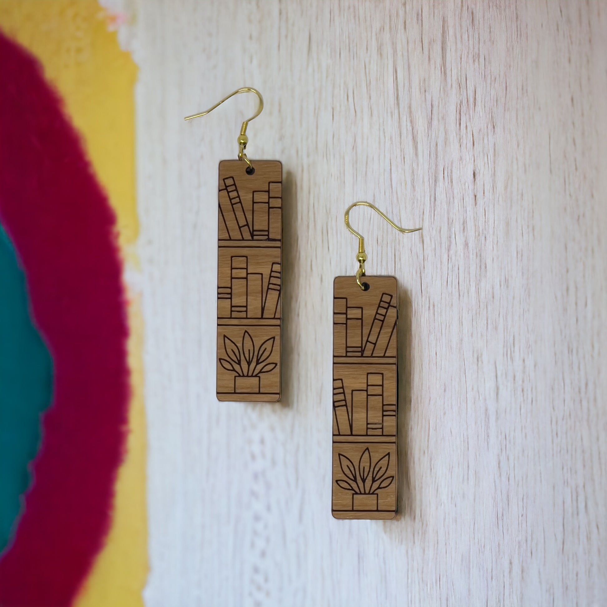 Bookshelf Wood Dangle Earrings - Cute Book Lover Gift | Boho Women's Miniature Bookcase Jewelry