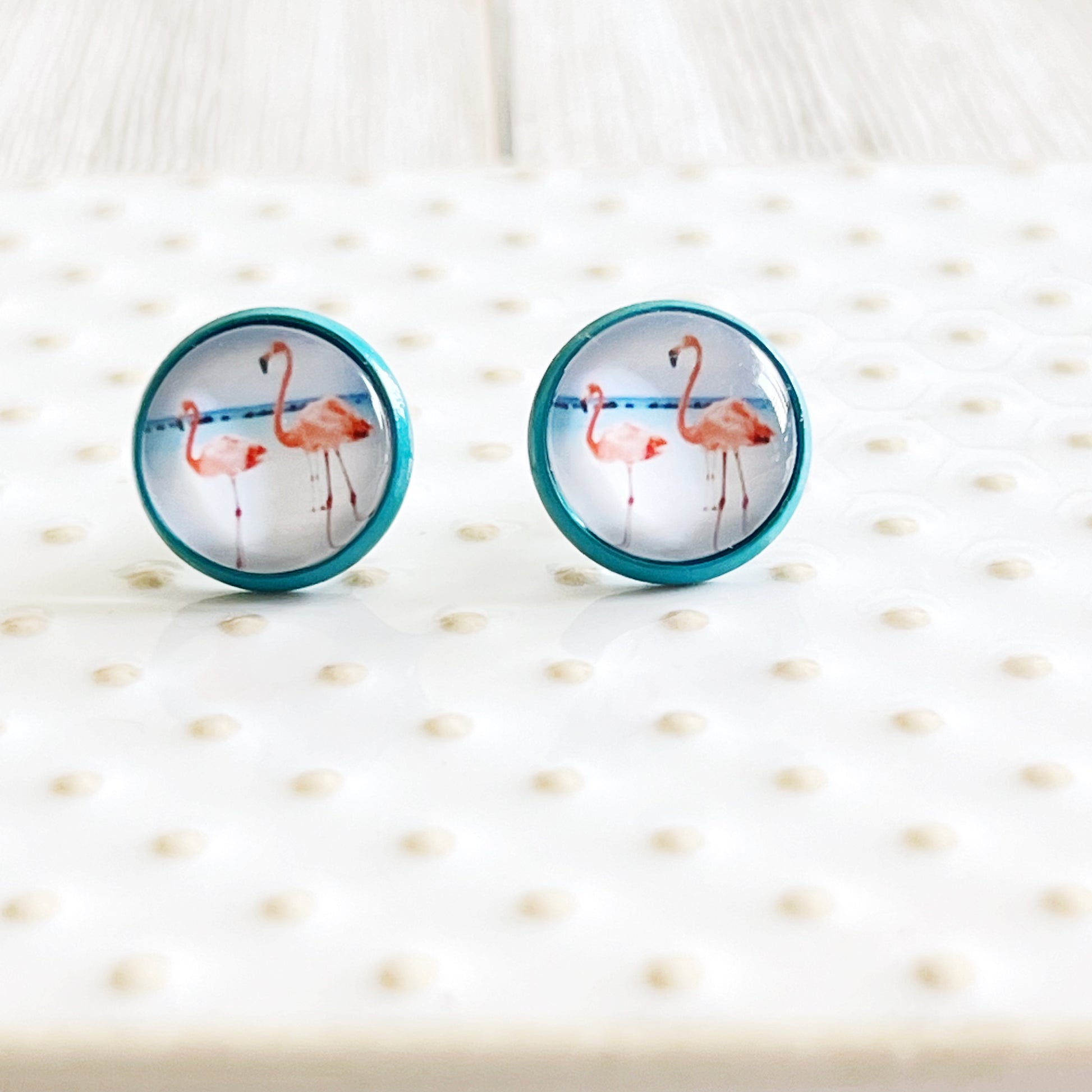 Pink Flamingo Blue Stud Earrings - Fun & Playful Accessories