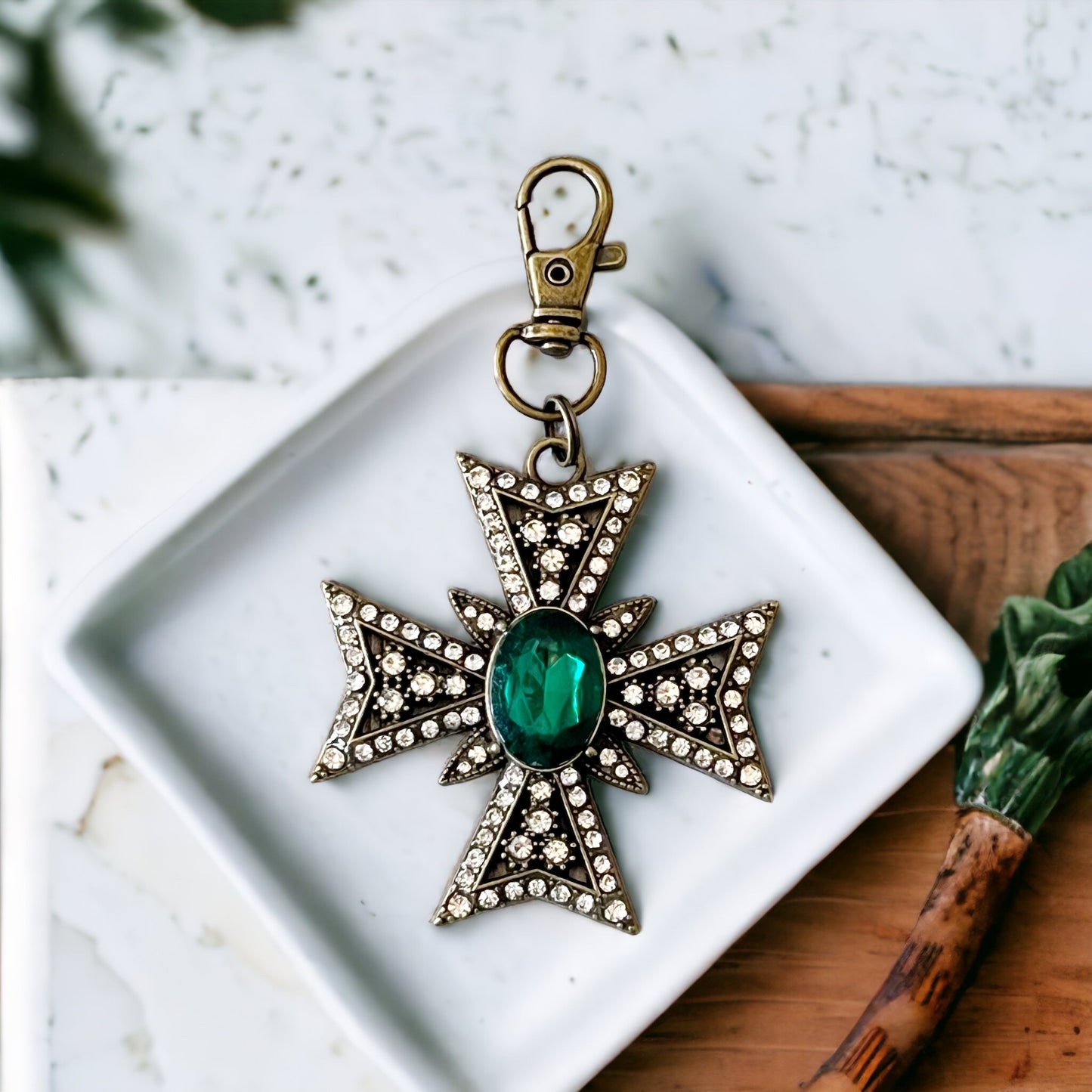 Ornate Brass Cross Boho Western Zipper Handbag Charm with Rhinestone Accents - Stylish and Unique Accessory for Your Handbag