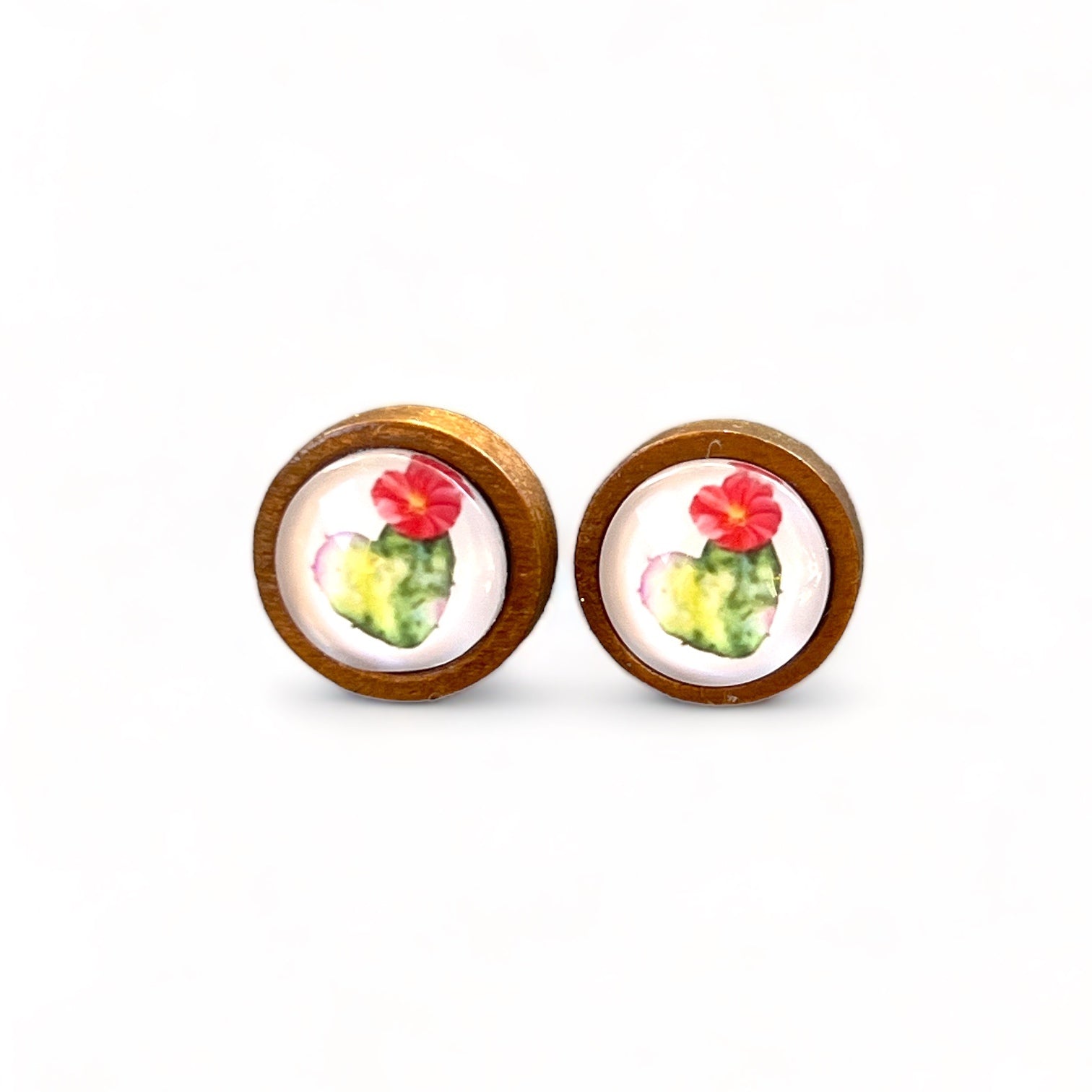 Flowering Cactus Heart Valentine Succulent Wood Stud Earrings