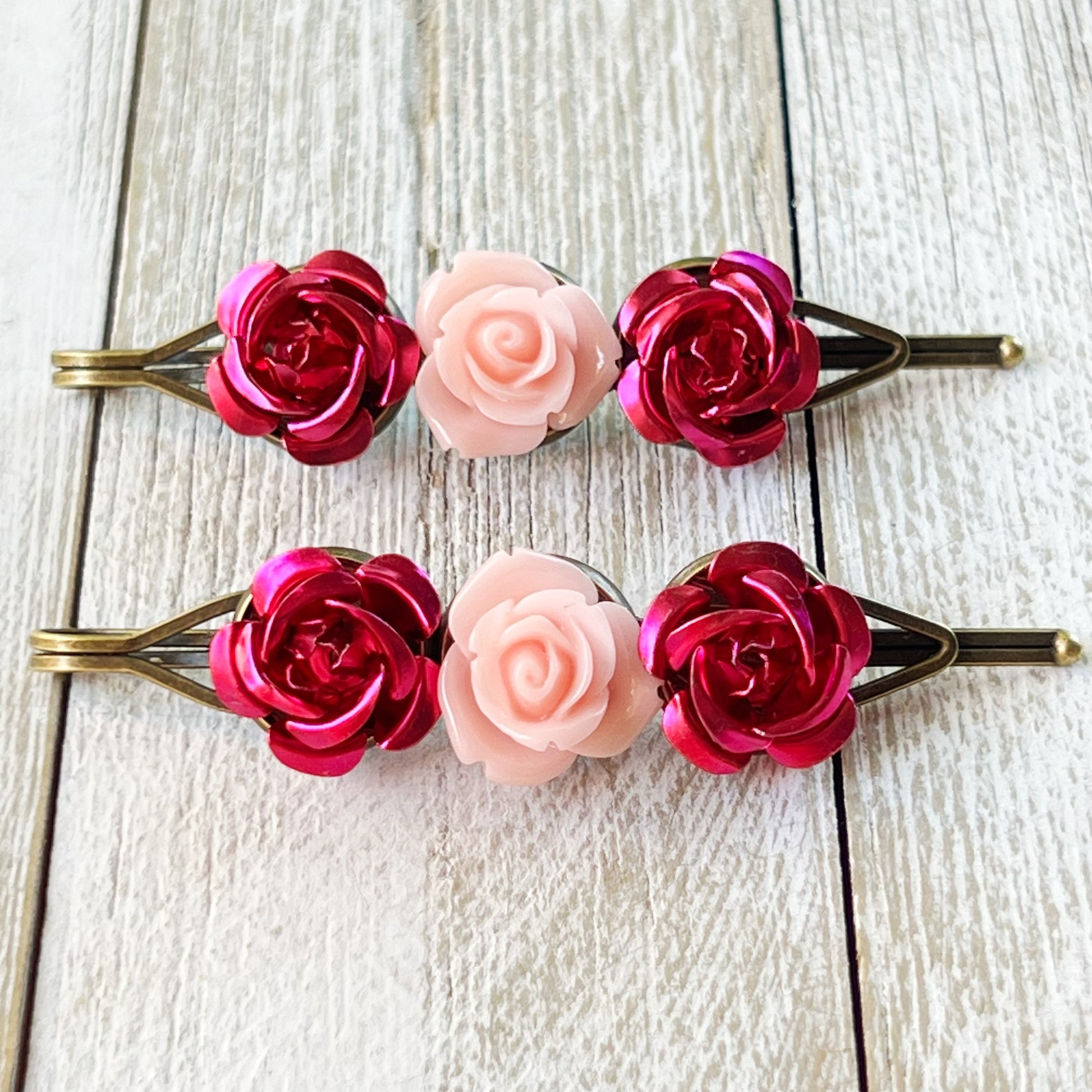 Pink Rose Flower Hair Pins