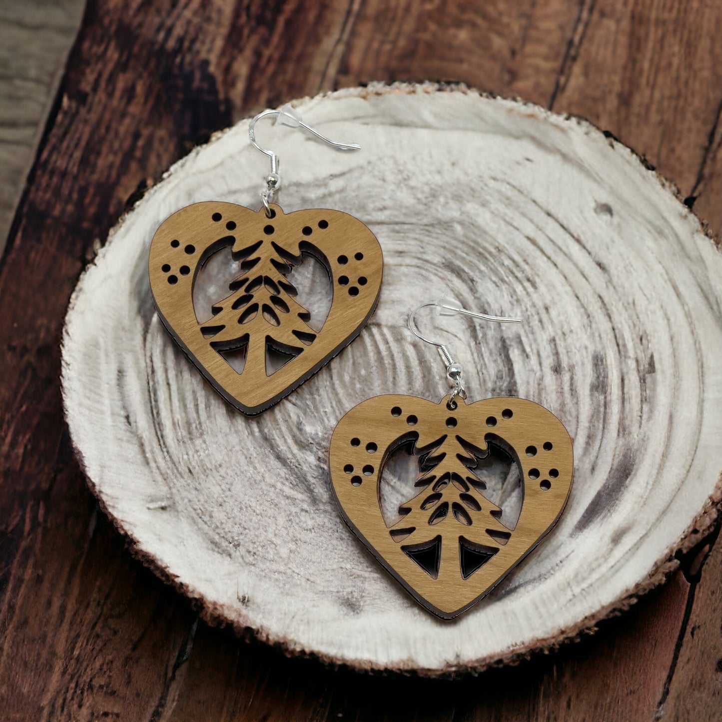 Wooden Heart - Rustic Dangle Earring with Pine Tree Design, Cute Winter Holiday Accessory, Nature-Inspired Jewelry