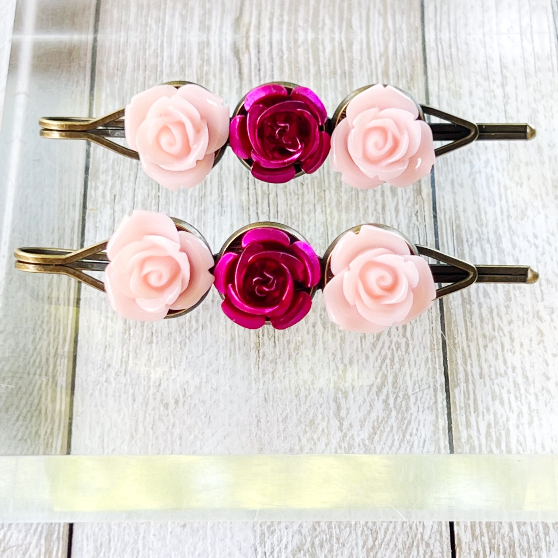 Pink Rose Flower Hair Pins