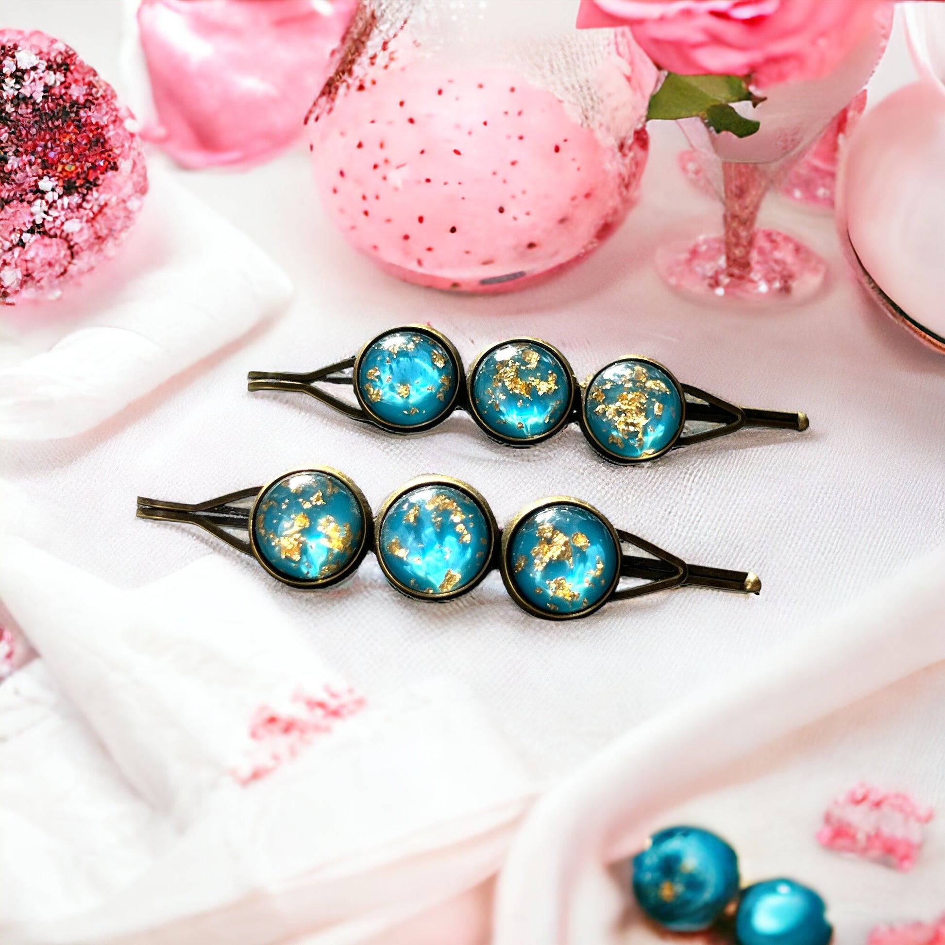 Turquoise Blue Gold Flake Glitter Hair Pins: Sparkling Accessories for Glamorous Styles