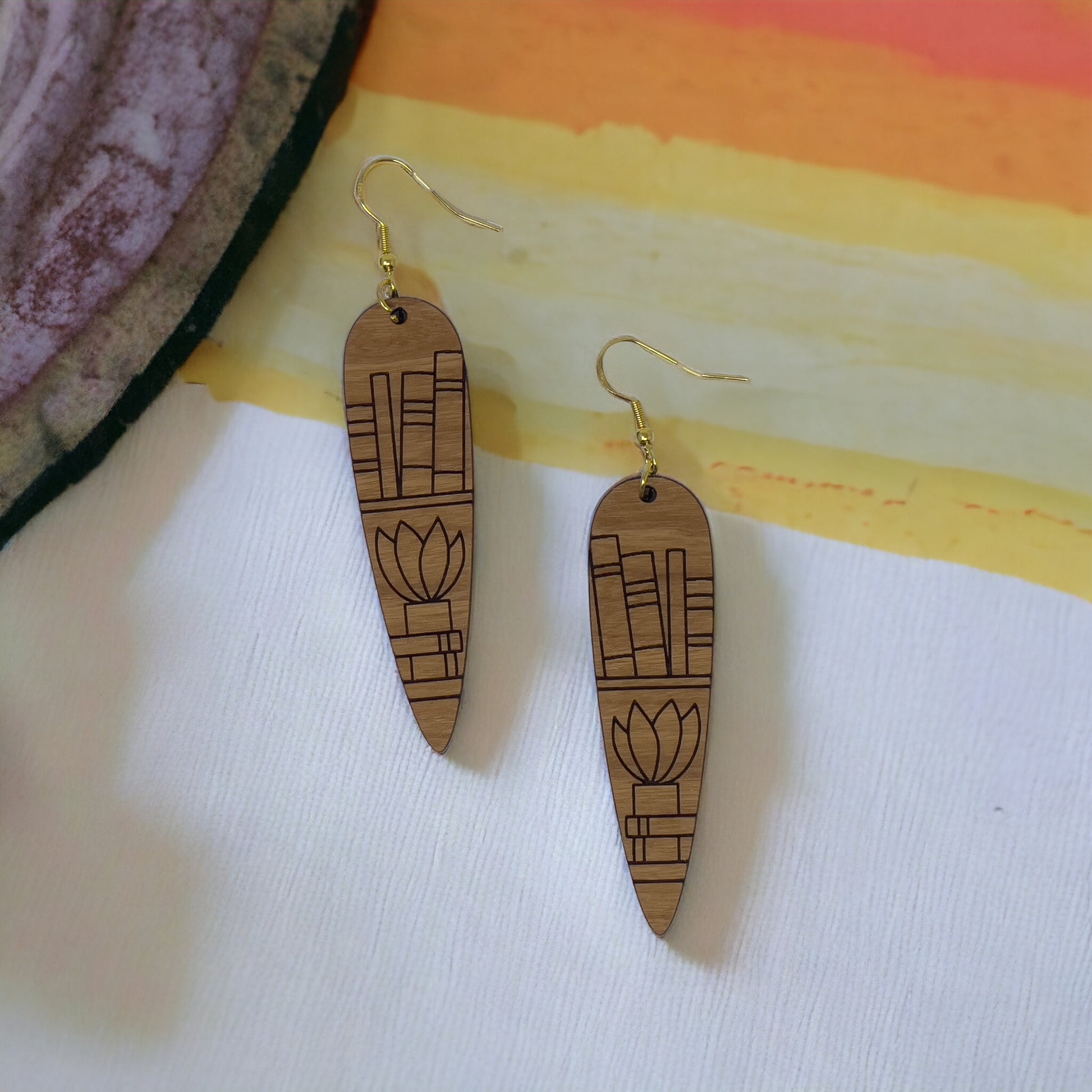 Bookshelf Wood Dangle Earrings - Cute Book Lover Gift | Boho Women's Miniature Bookcase Jewelry