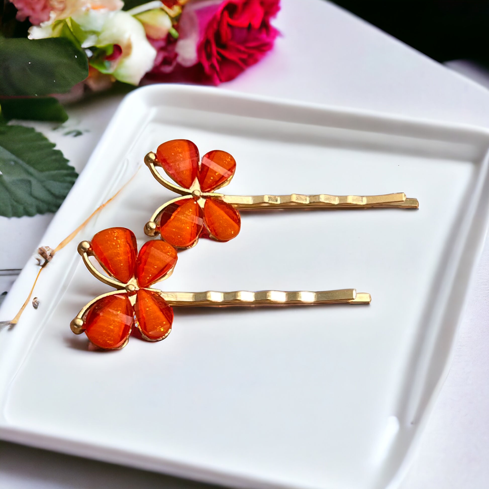 Orange Rhinestone Butterfly Hair Pins - Elegant & Vibrant Hair Accessories