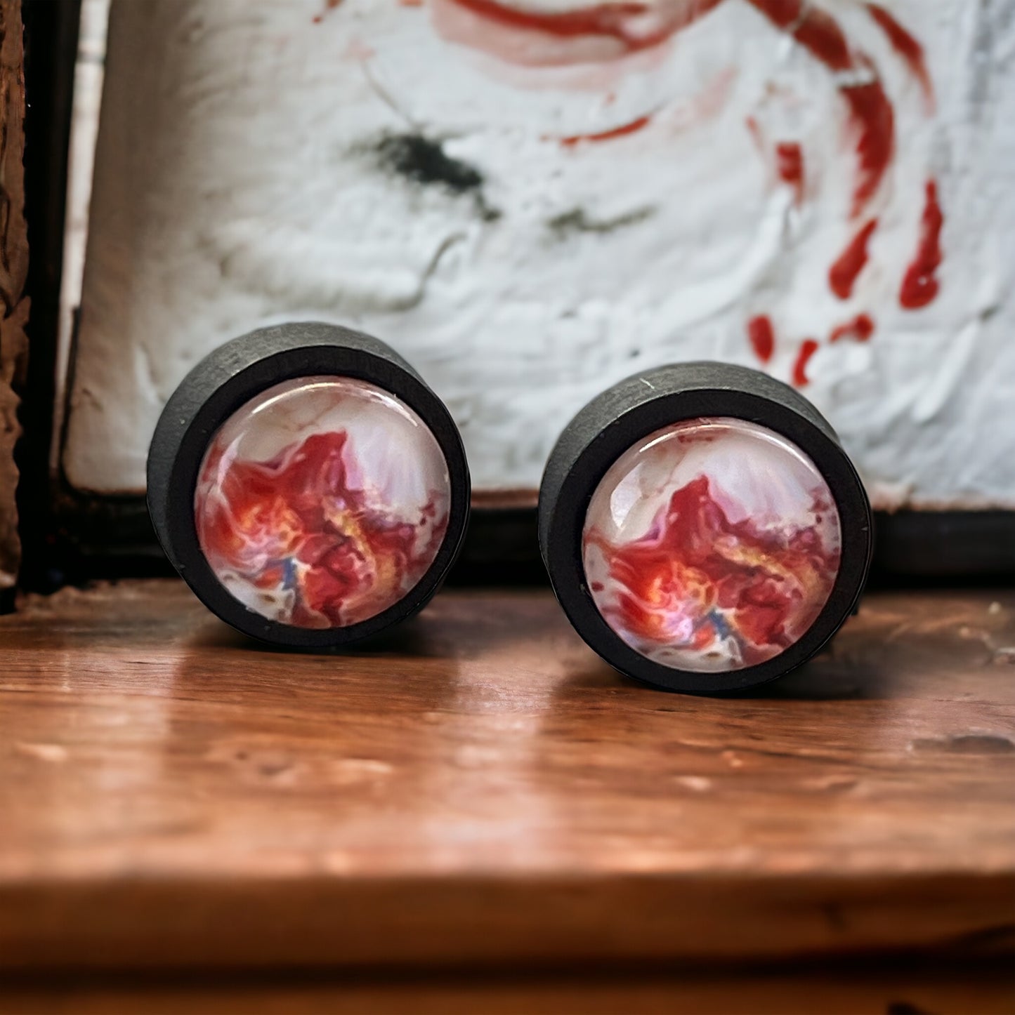 Pink Abstract Watercolor Black Wood Stud Earrings: Unique Artistic Accents for Your Look