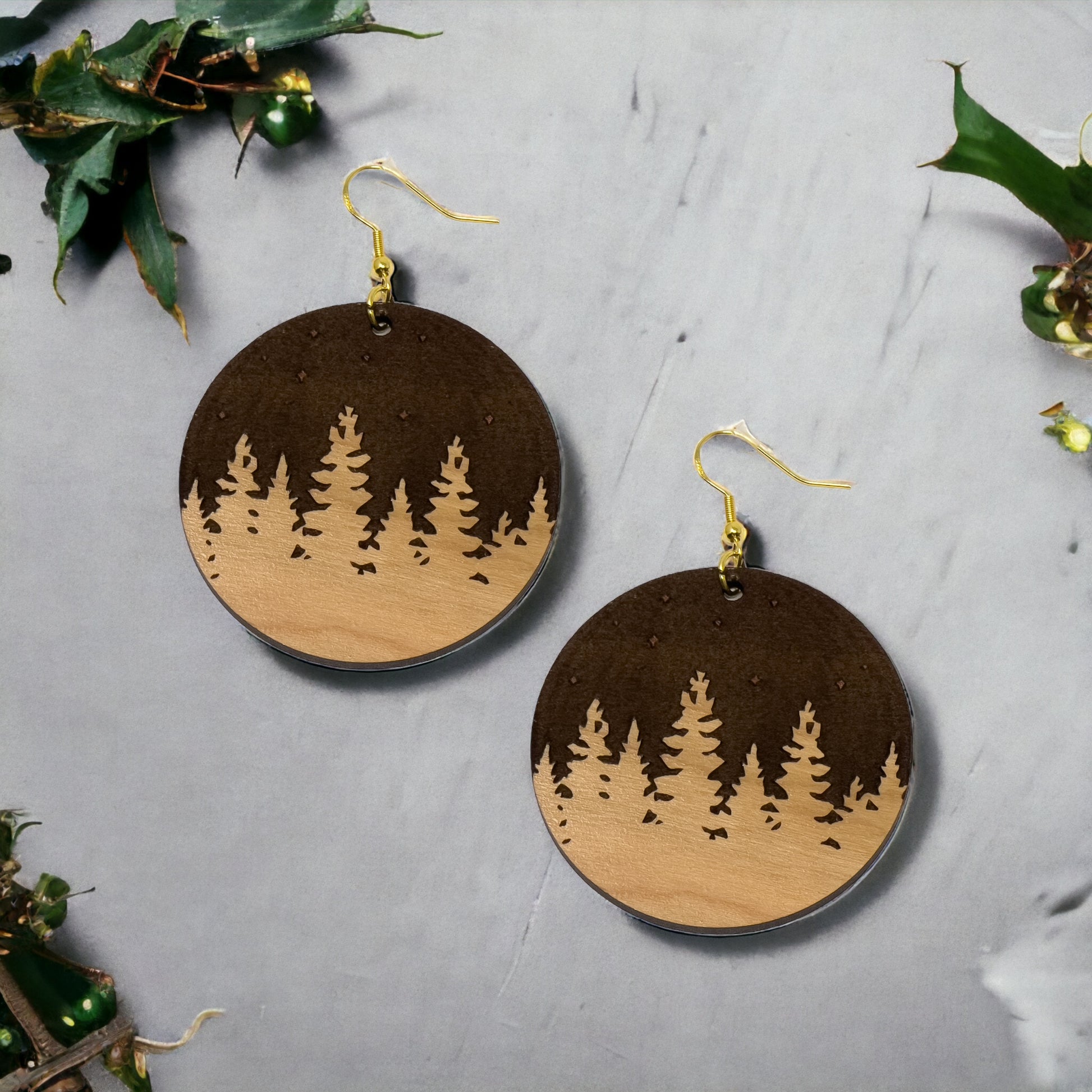 Pine Trees Mountain Earrings, Cute Holiday Christmas Dangle Earrings, Round Wood Earrings, Country Xmas Jewelry, Snowy Forest Nature Gifts