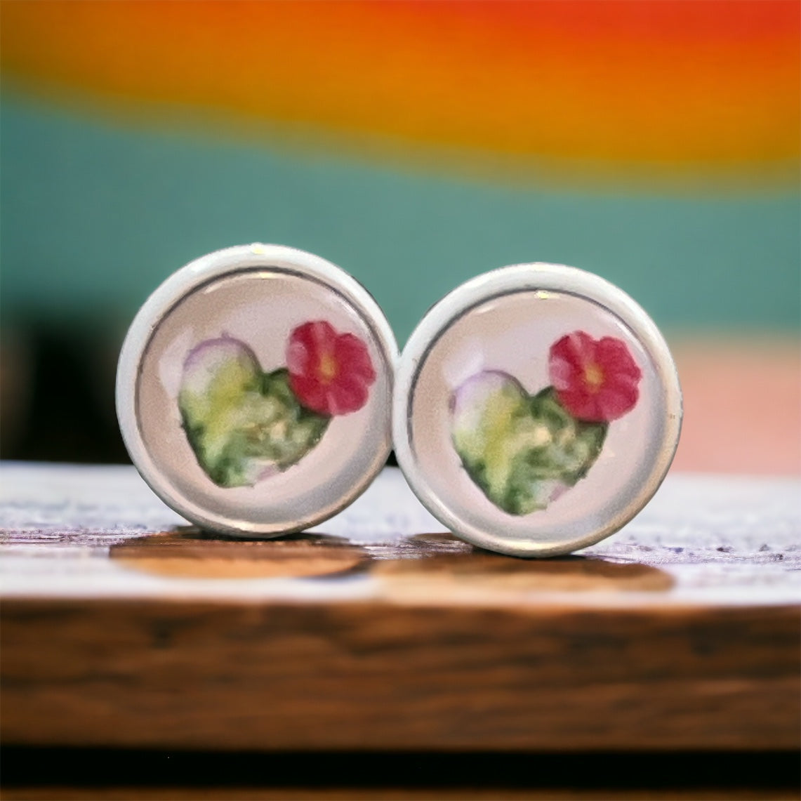 Flowering Cactus Heart Valentine Succulent White Stud Earrings