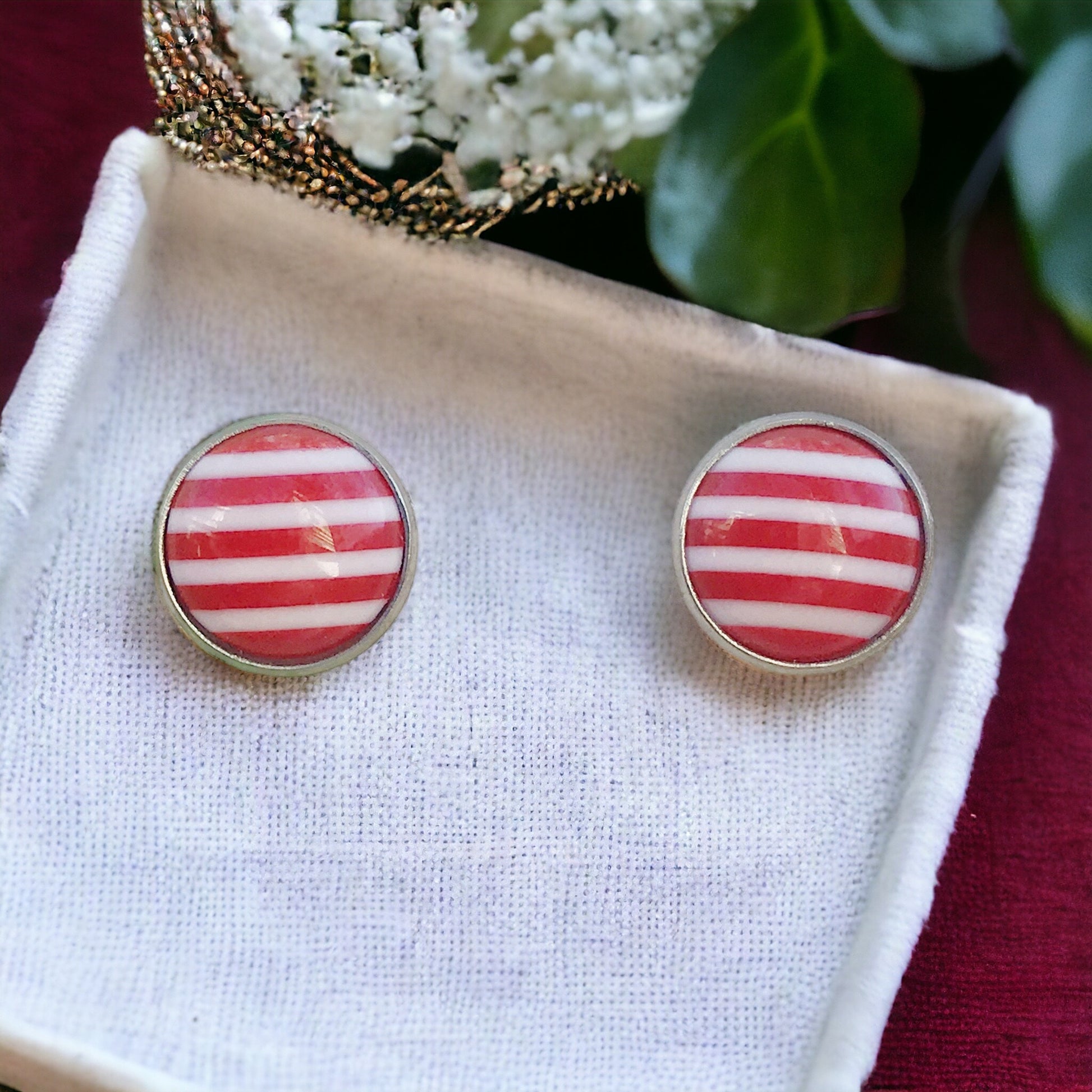 Red & White Striped Unisex Stud Earrings: Bold & Versatile Accessories for Any Outfit