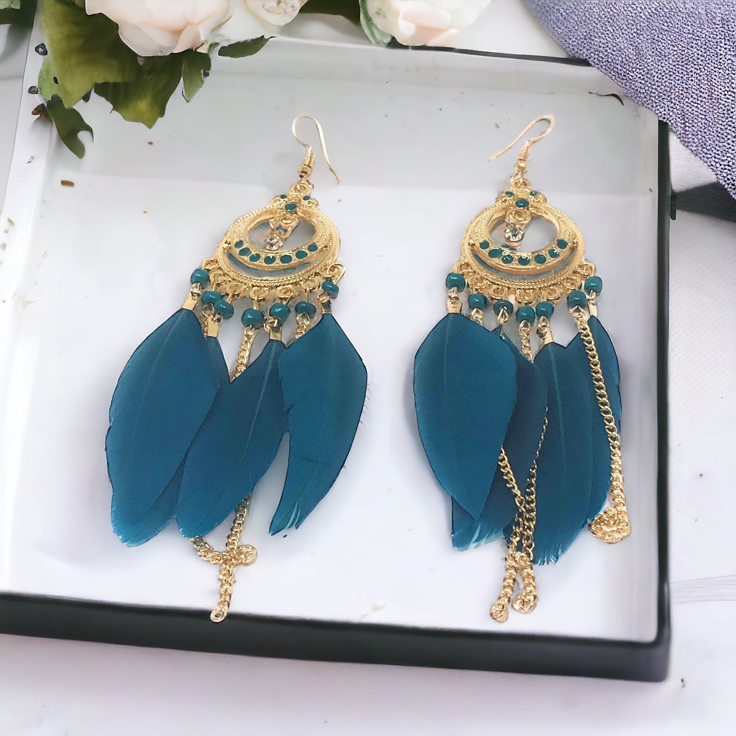 Blue Feather Chain Dangle Earrings - Boho-inspired Chic Accessories