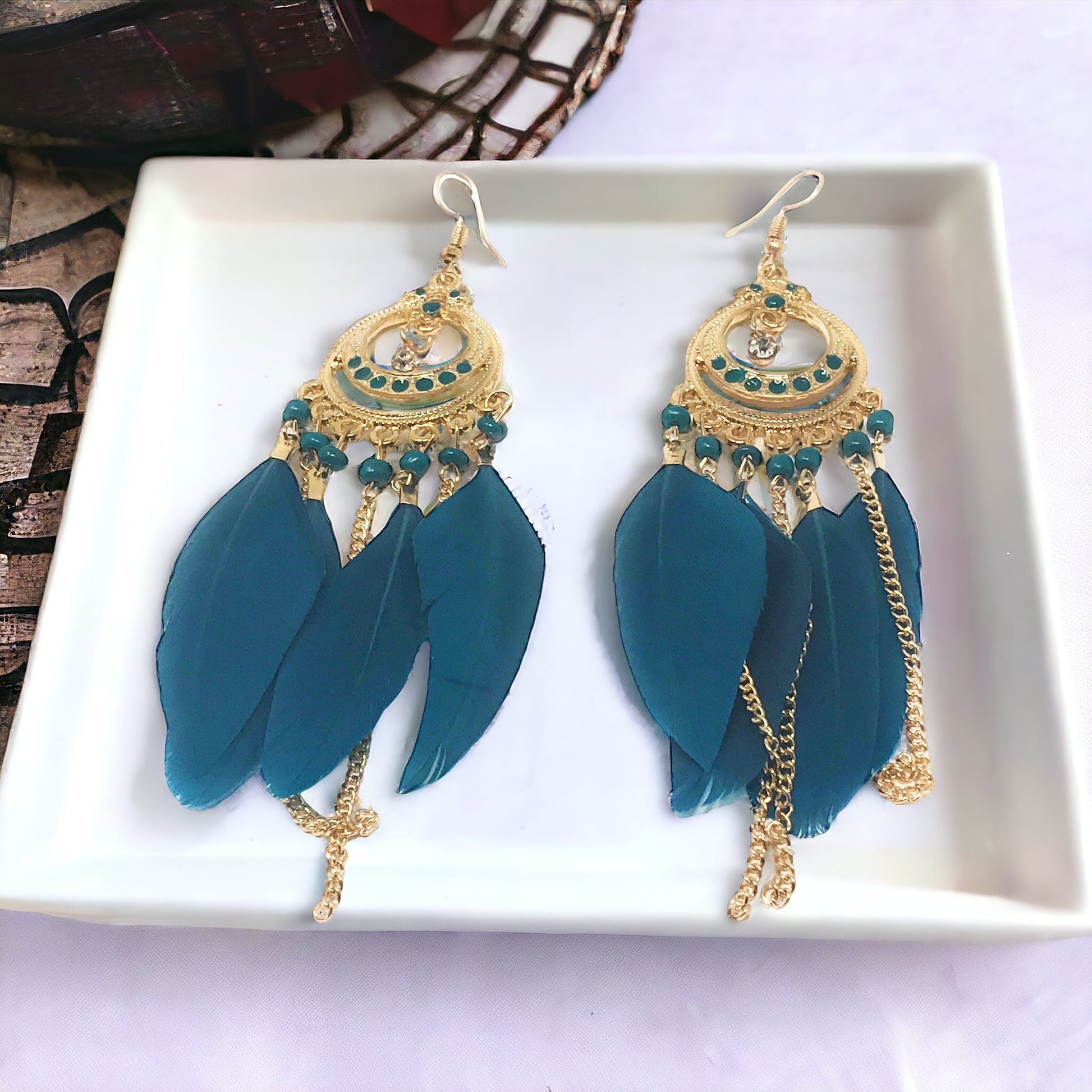 Blue Feather Chain Dangle Earrings - Boho-inspired Chic Accessories