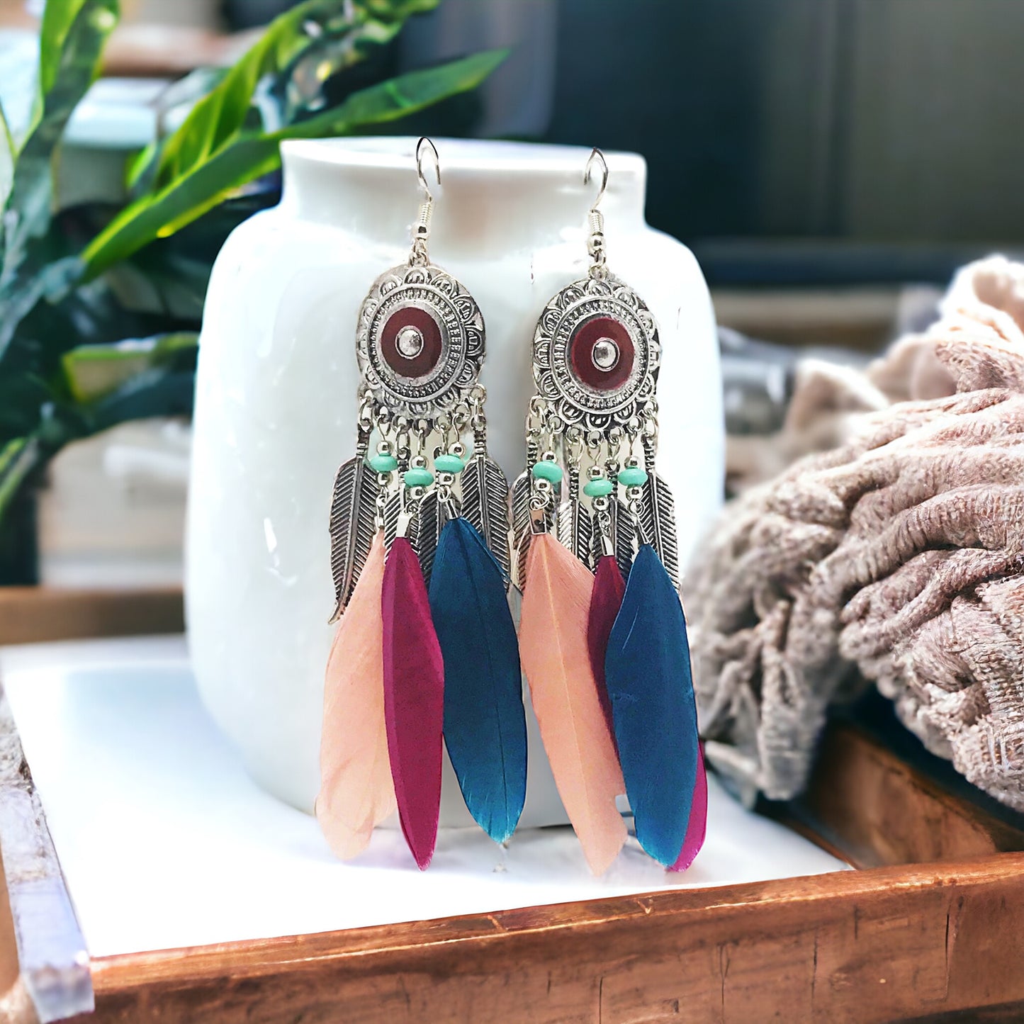 Pink & Blue Feather Medallion Dangle Earrings - Stylish Bohemian Accessories