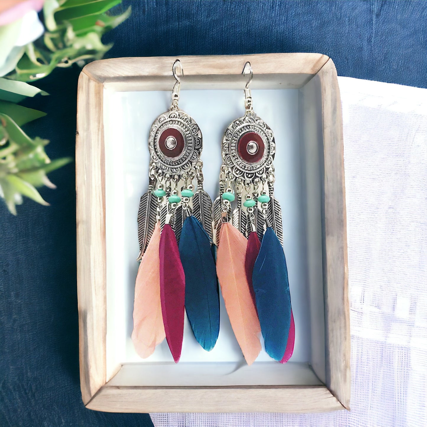 Pink & Blue Feather Medallion Dangle Earrings - Stylish Bohemian Accessories